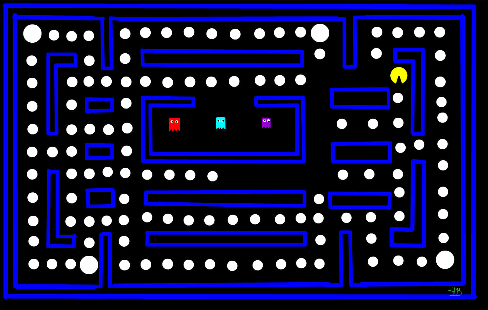 Pac-man Game With A Blue Background And White Dots Background