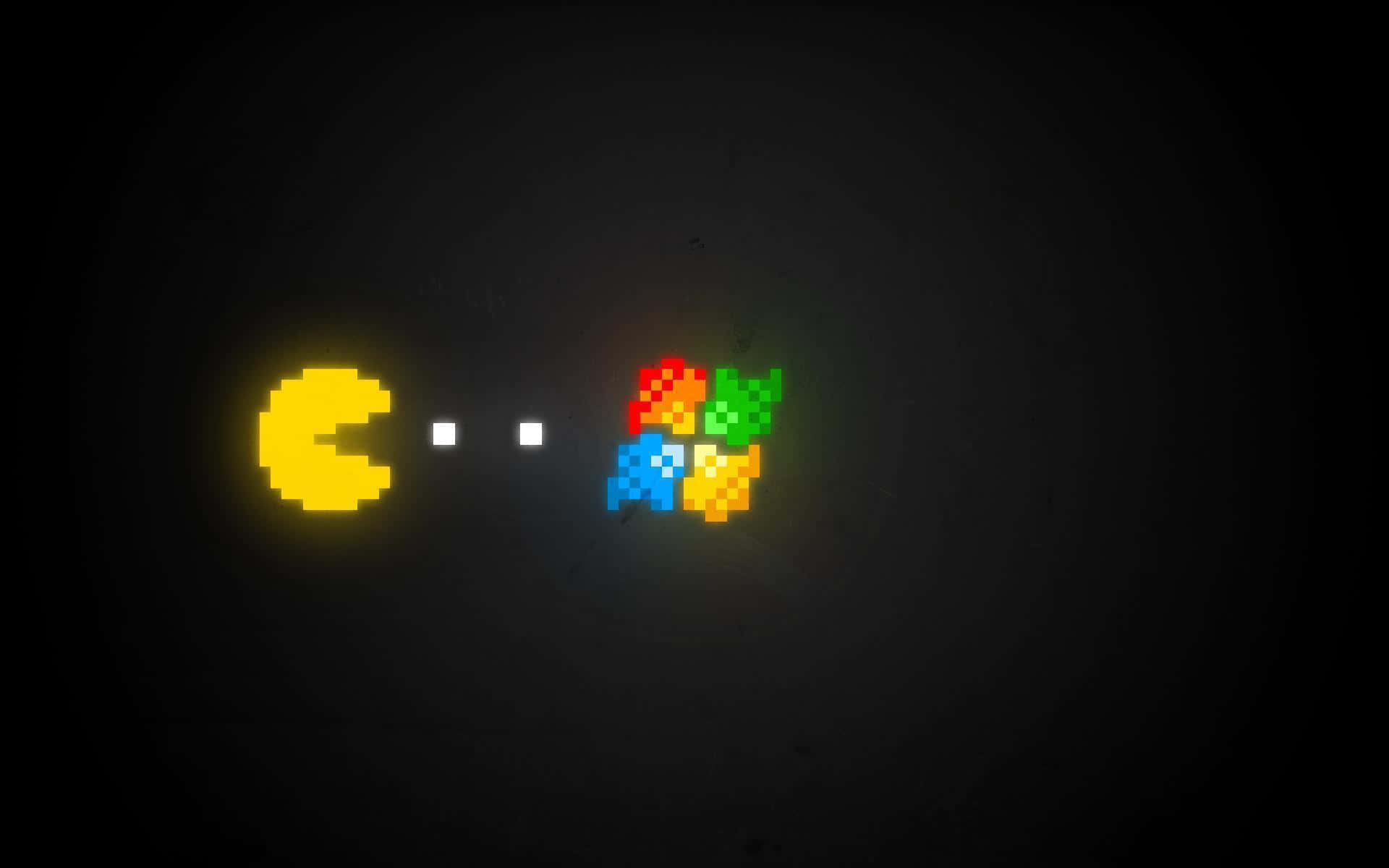 Pacman Collecting Dots Pixelated Microsoft Logo Background