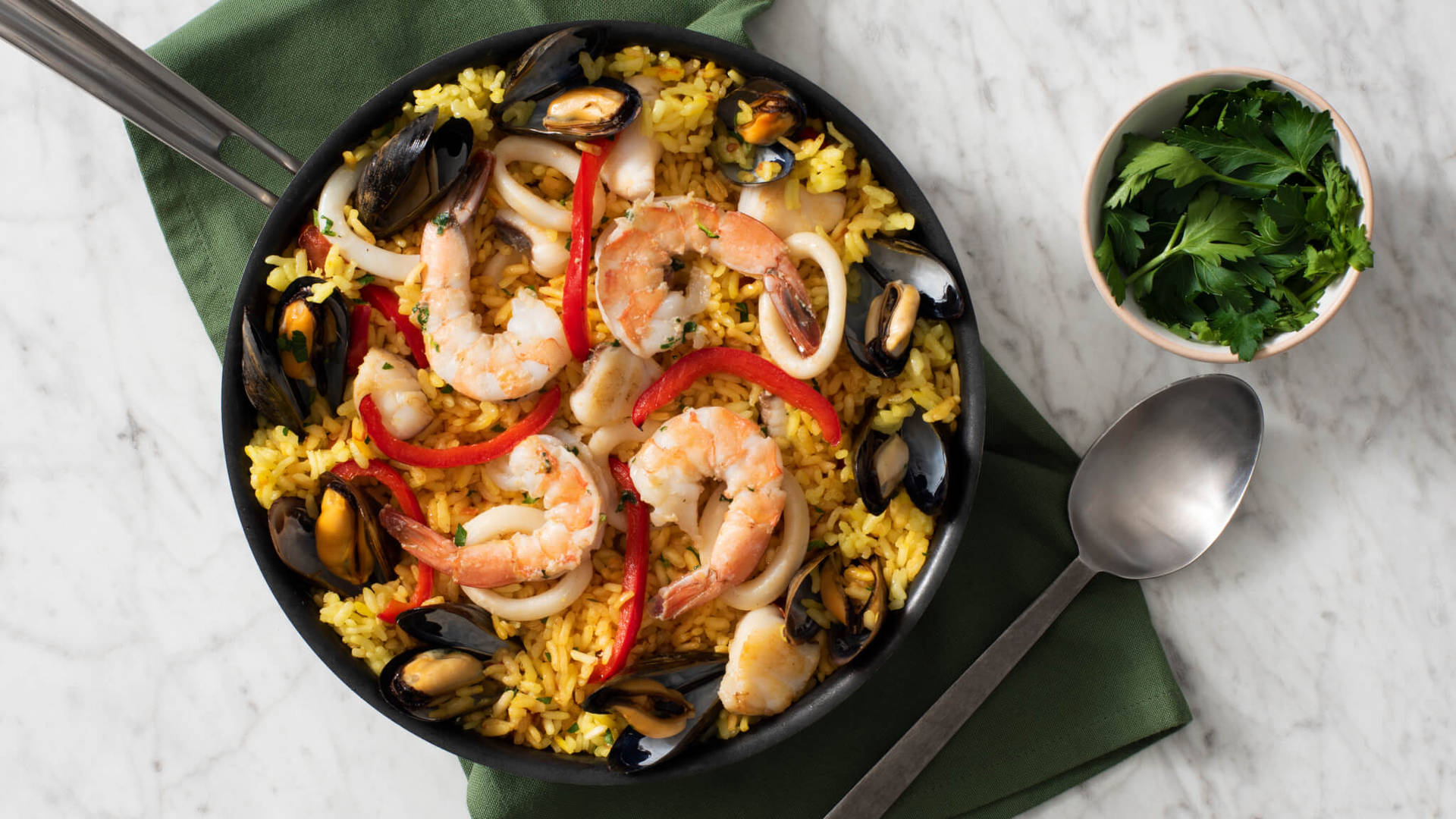 Paella Dish On Cast Iron Skillet