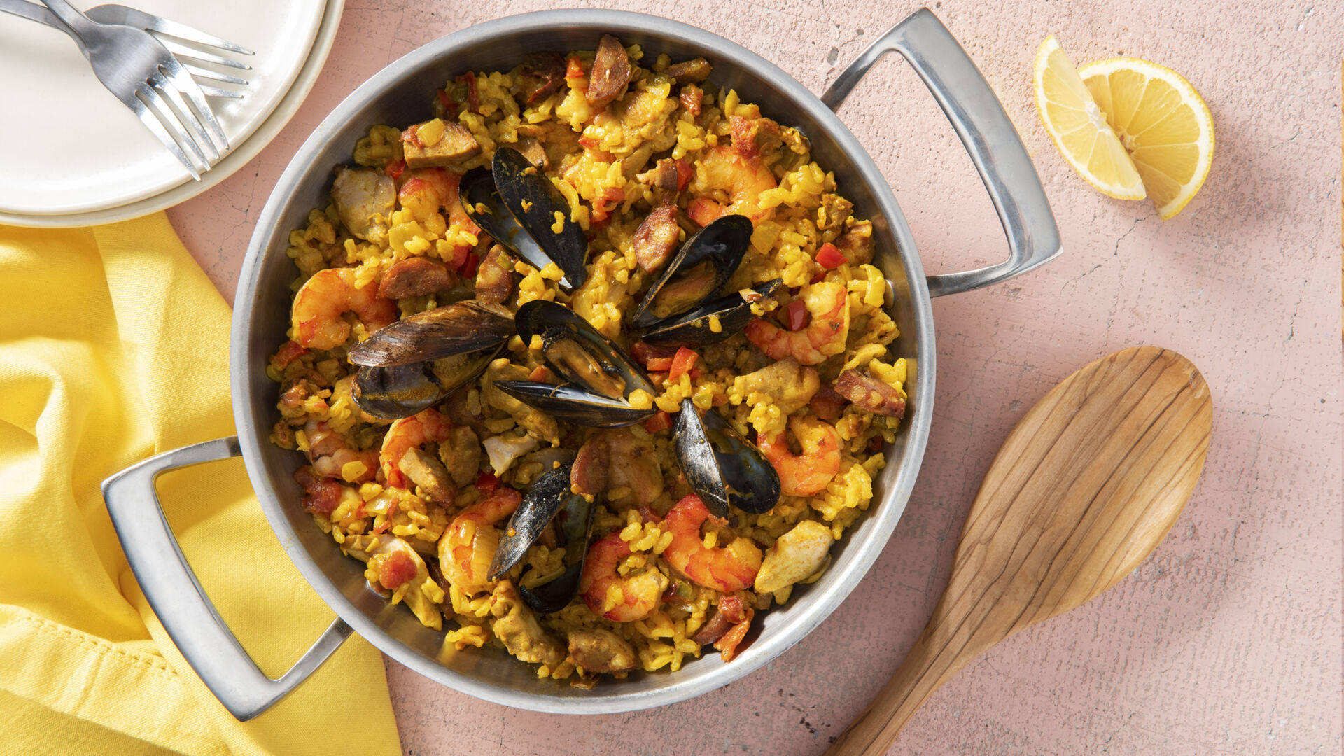 Paella Dish With Black Mussels Background