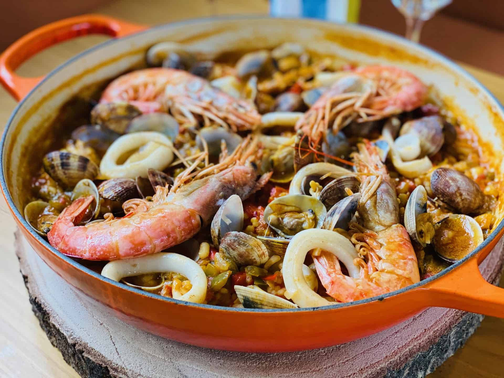 Paella Large Prawns, Squid, Mussels Background