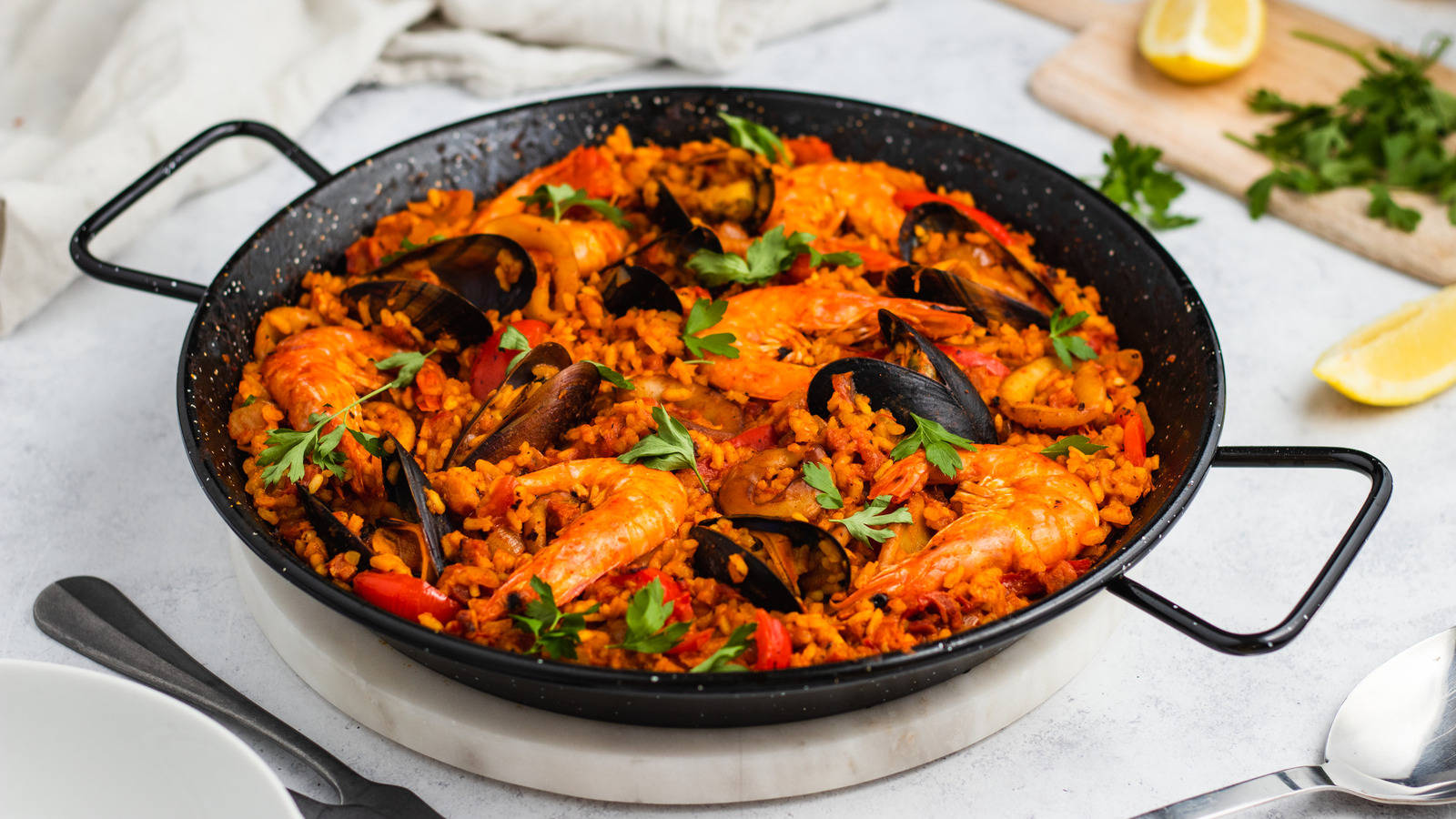 Paella Pan On Marble Base Background