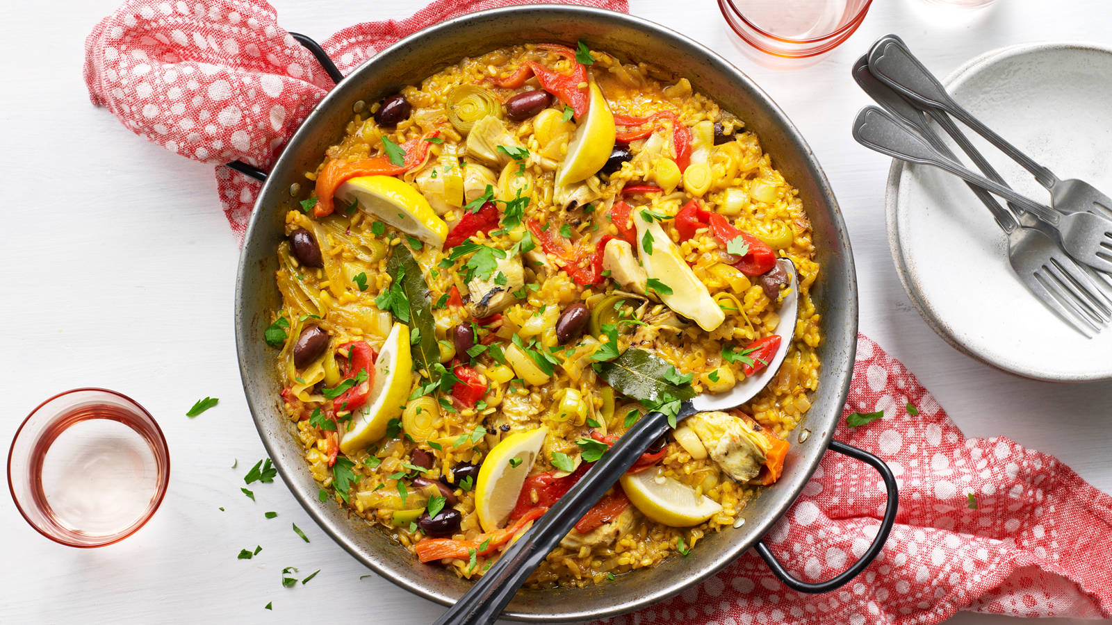 Paella Rice Dish On A Large Pan Background