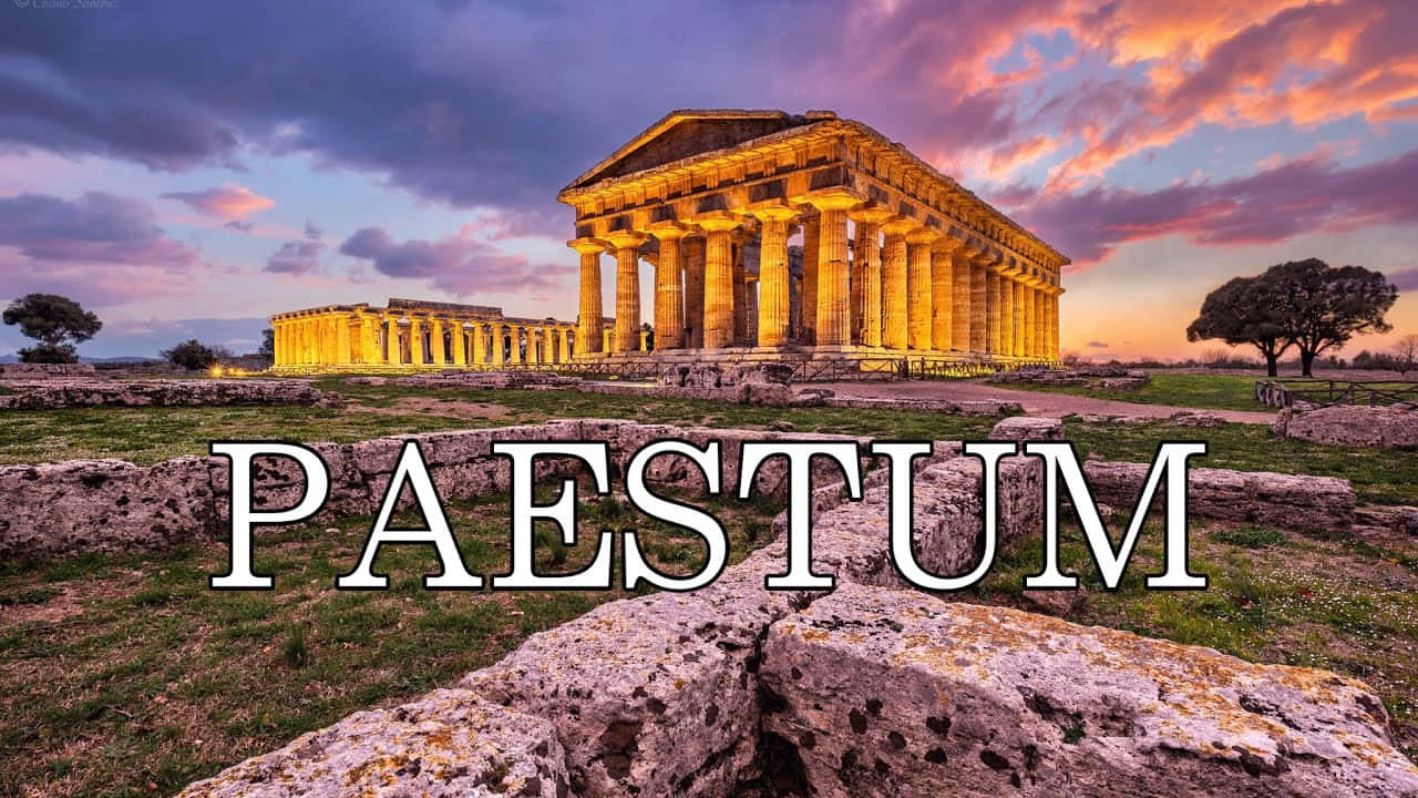 Paestum White Font Sunuset Background