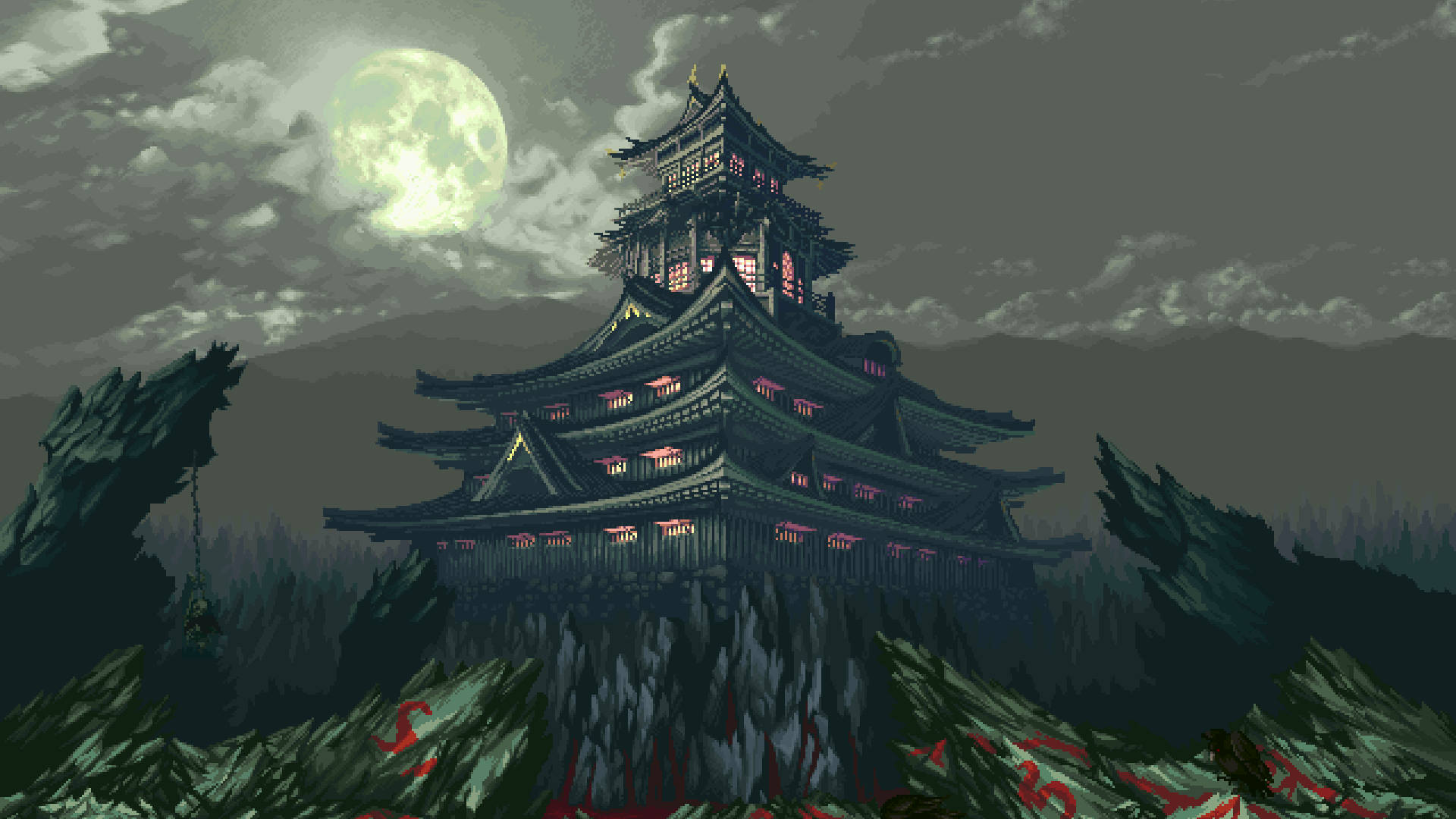 Pagoda At Night In Aesthetic Pixel Art Background