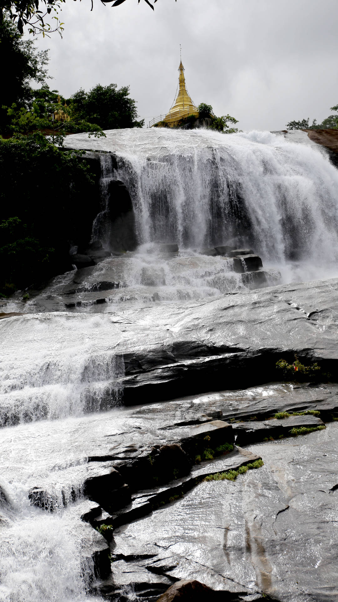 Pagoda In Burma Waterfalls Background