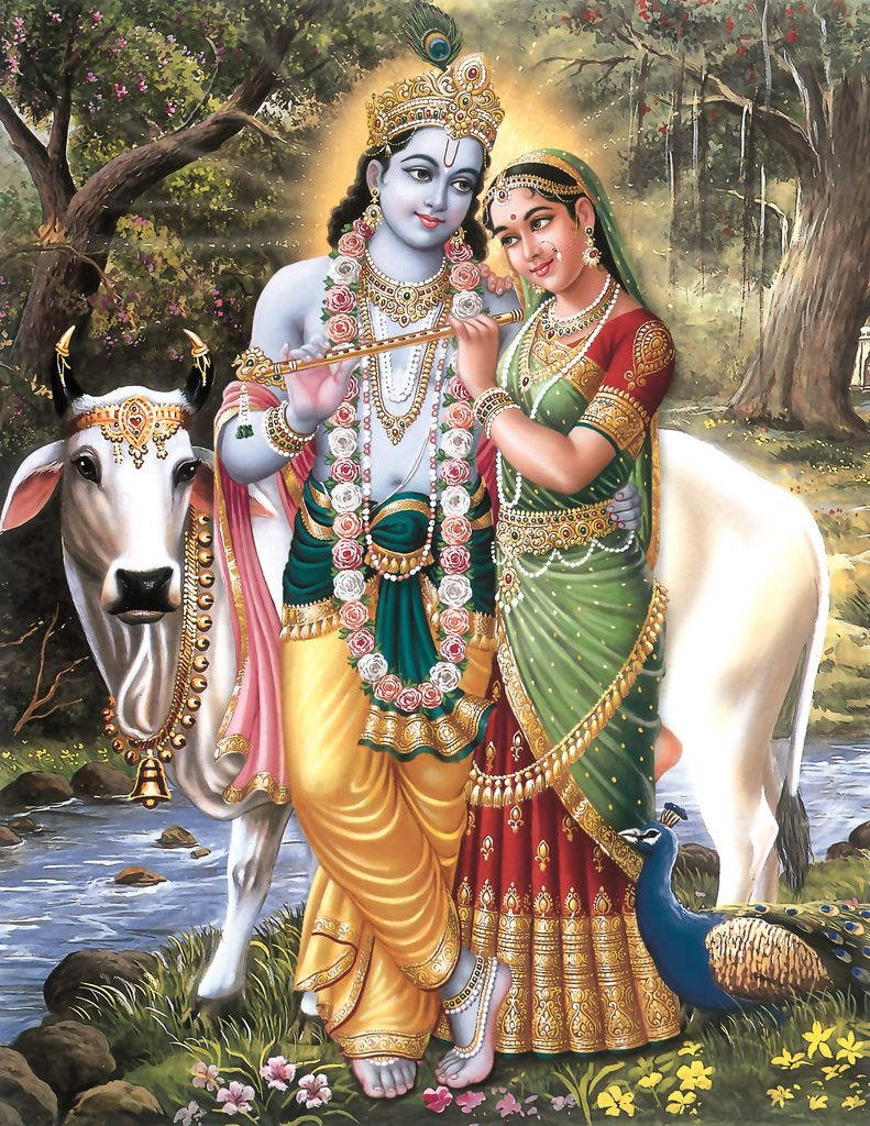 Painted Radha Krishna And Animals