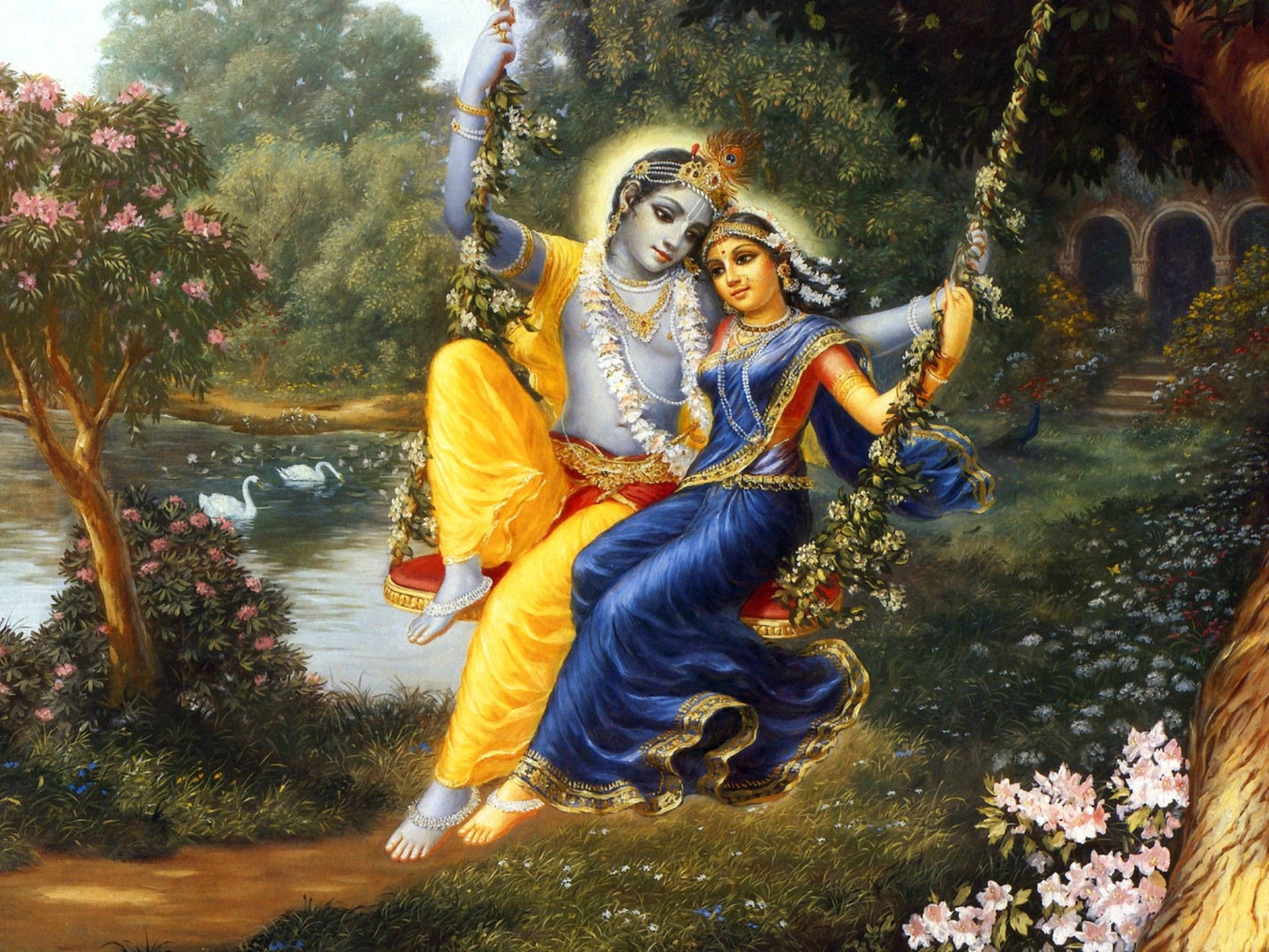 Painted Radha Krishna In Garden Background