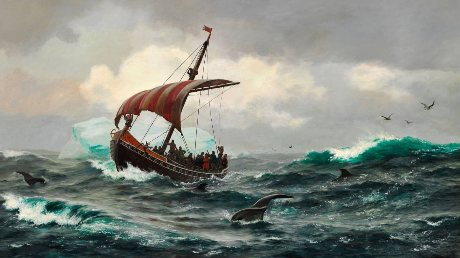Painted Viking Ship On Sea Background