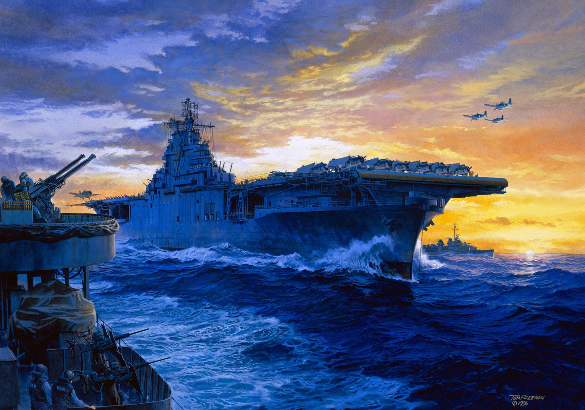 Painting Of A U S Navy Ship At Sunrise Background
