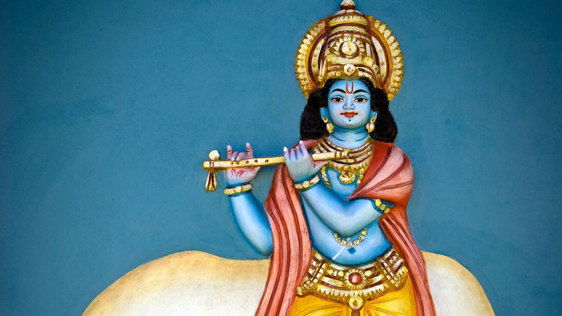 Painting Of Bal Krishna Playing The Flute Background