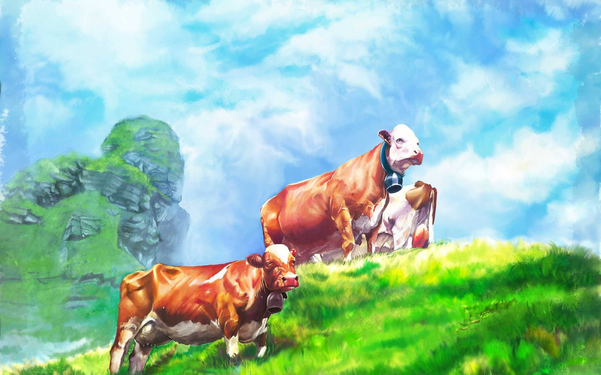 Painting Of Cute Cows On Grass Field