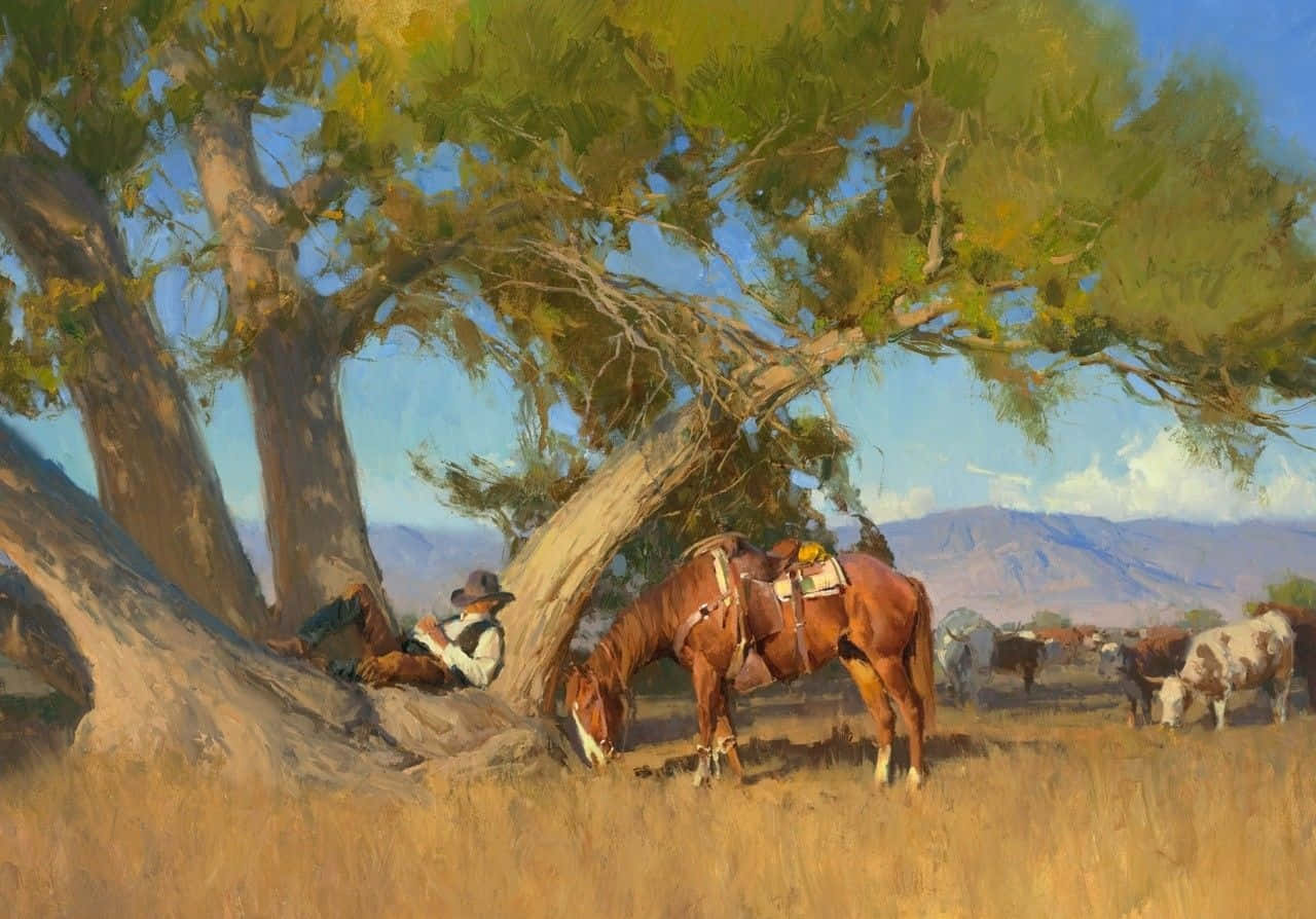 Painting Of Resting Western Cowboy Desktop Background