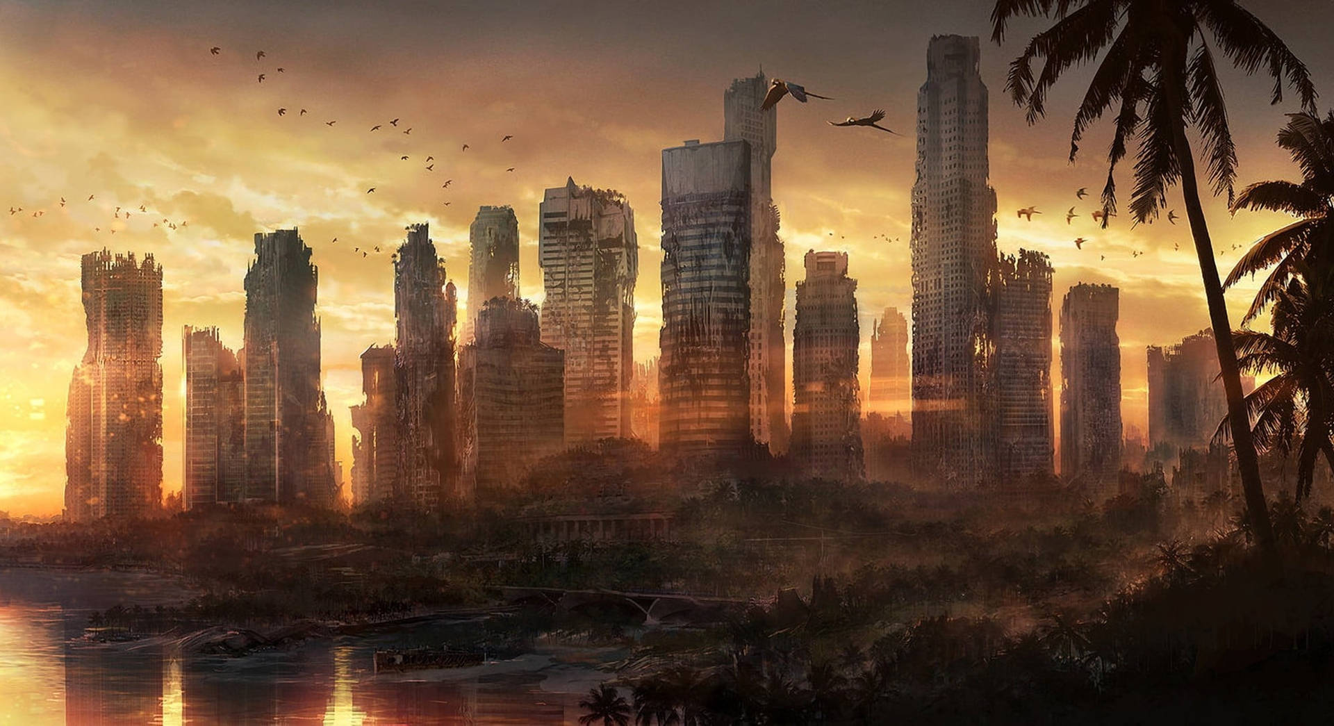 Palm Tree Sunset Apocalyptic City Background