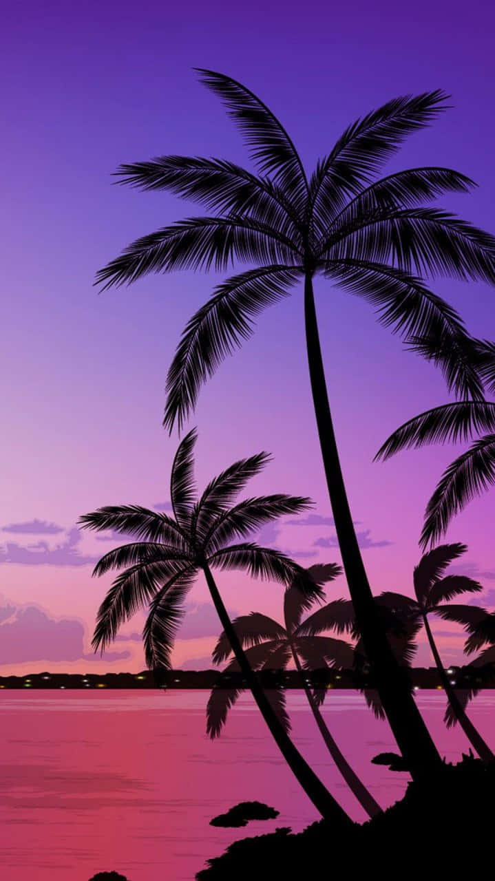 Palm Trees Beach Sunset Purple Sky Vector Art Background