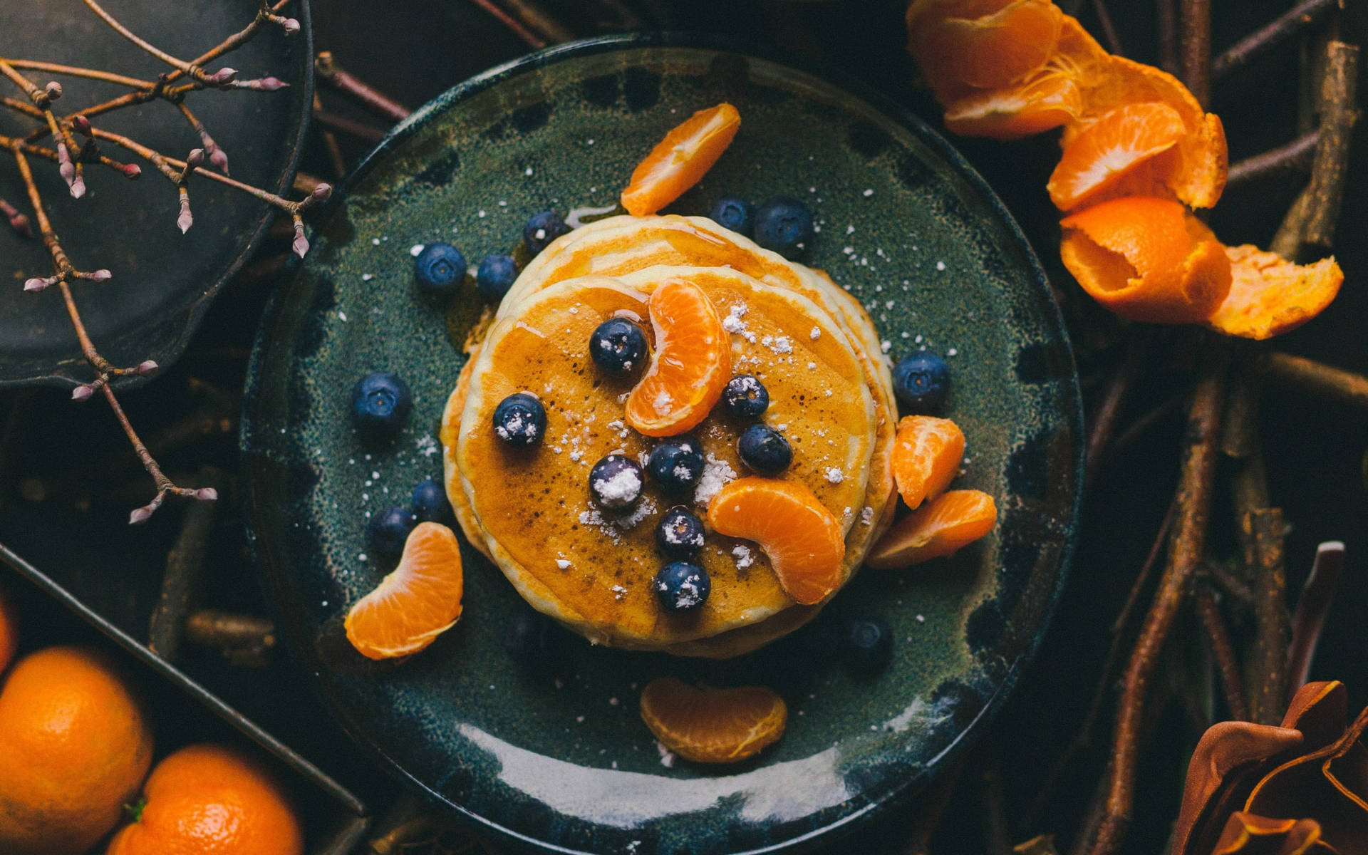 Pancakes With Berries And Oranges Background