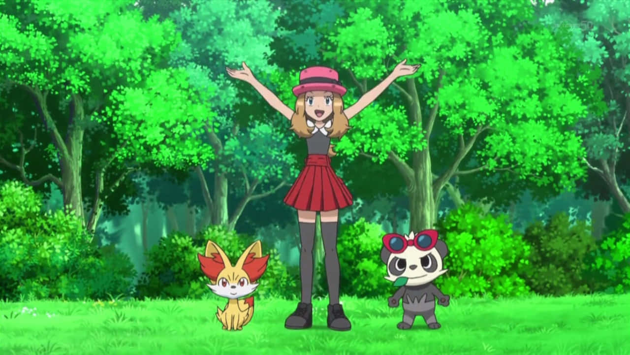 Pancham And Fennekin Beside Serena Background
