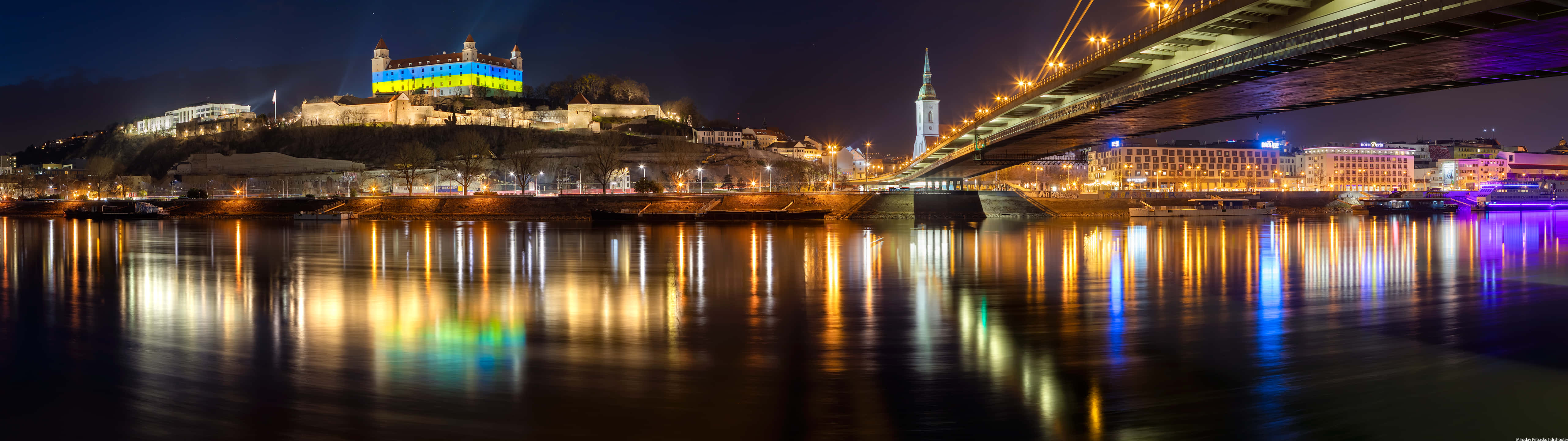 Panoramic Nighttime Cityscape Bridge Reflection Background