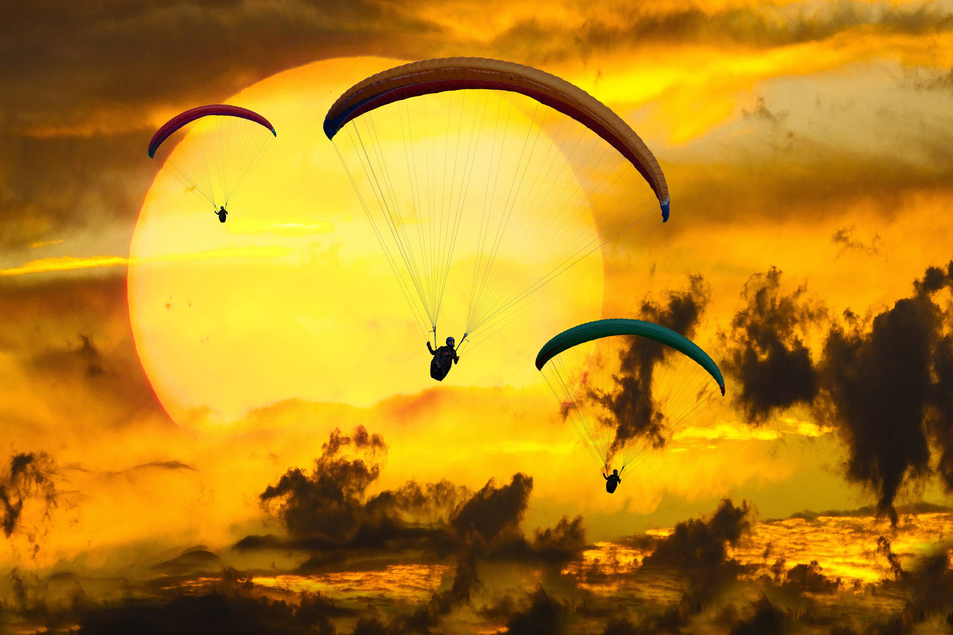 Paragliding With Sunset Scenery Background