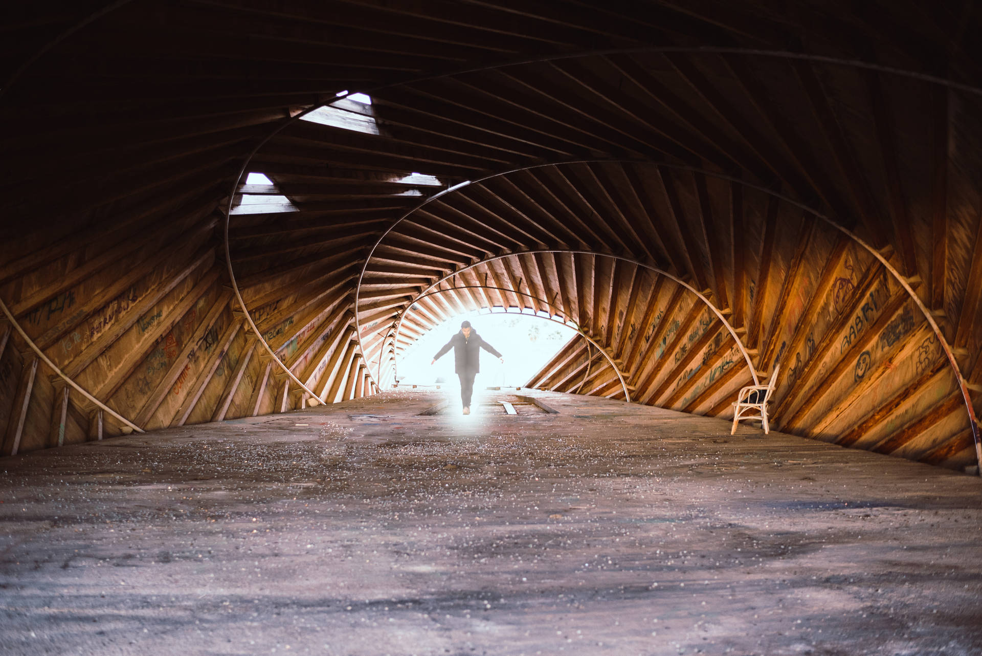 Paranormal Man In Wooden Tunnel Background