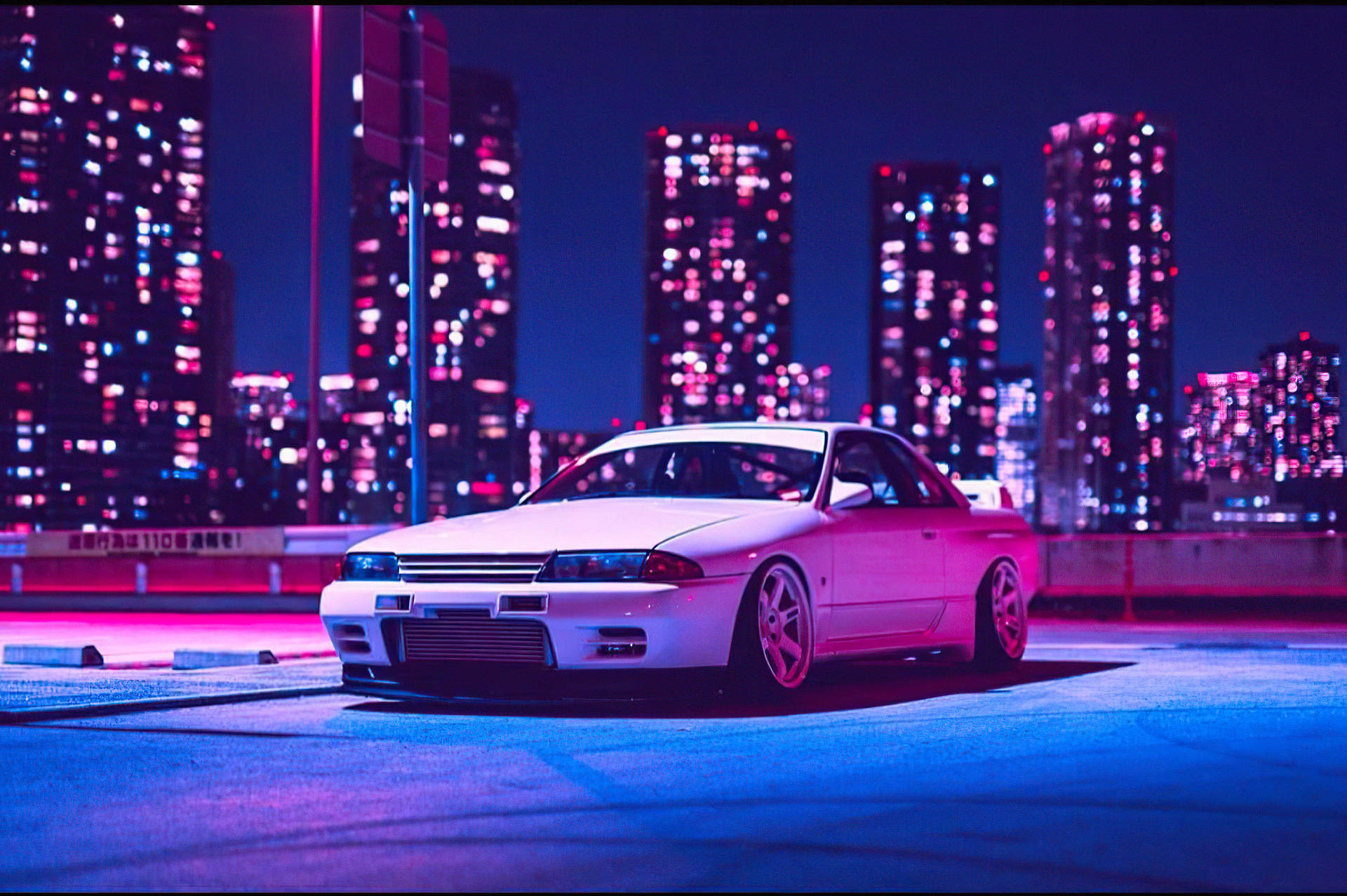 Parked Car And Neon Lights Background