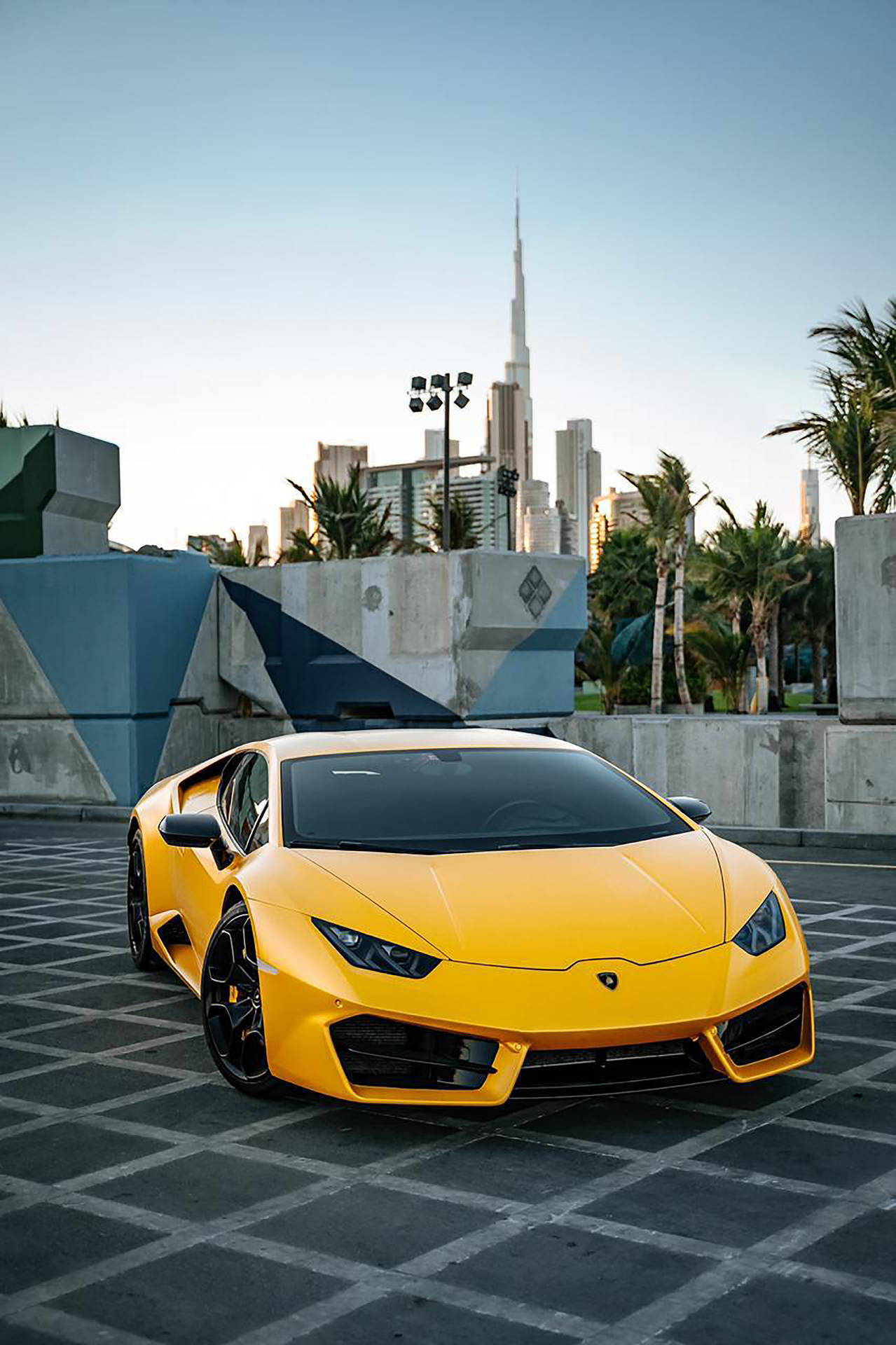 Parked Yellow Lamborghini Galaxy Background