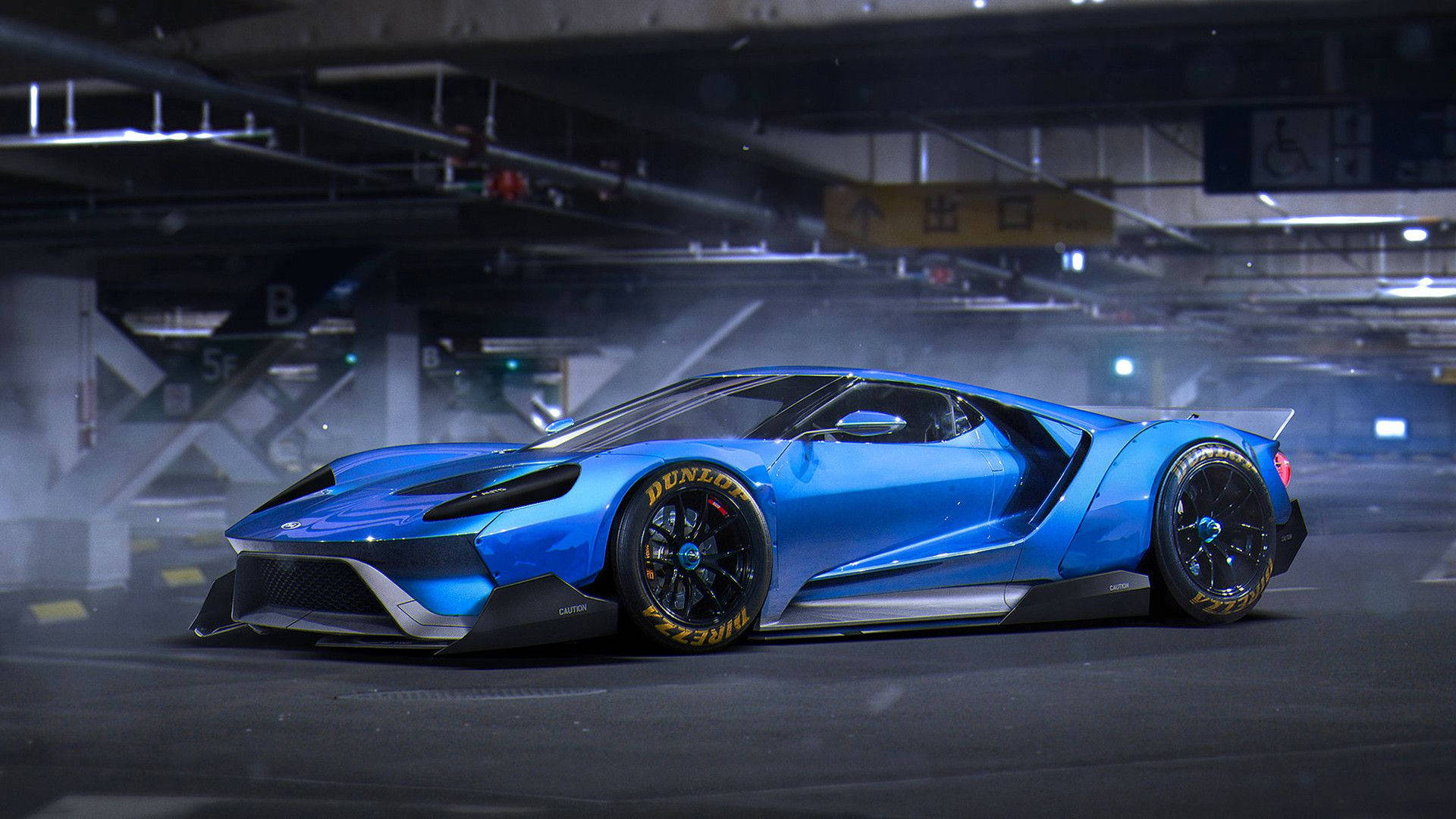 Parking Lot With Blue Ford Gt