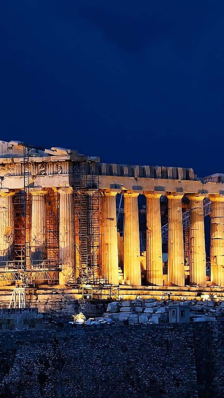 Parthenon Acropolis With Work Lights And Scaffolding Background