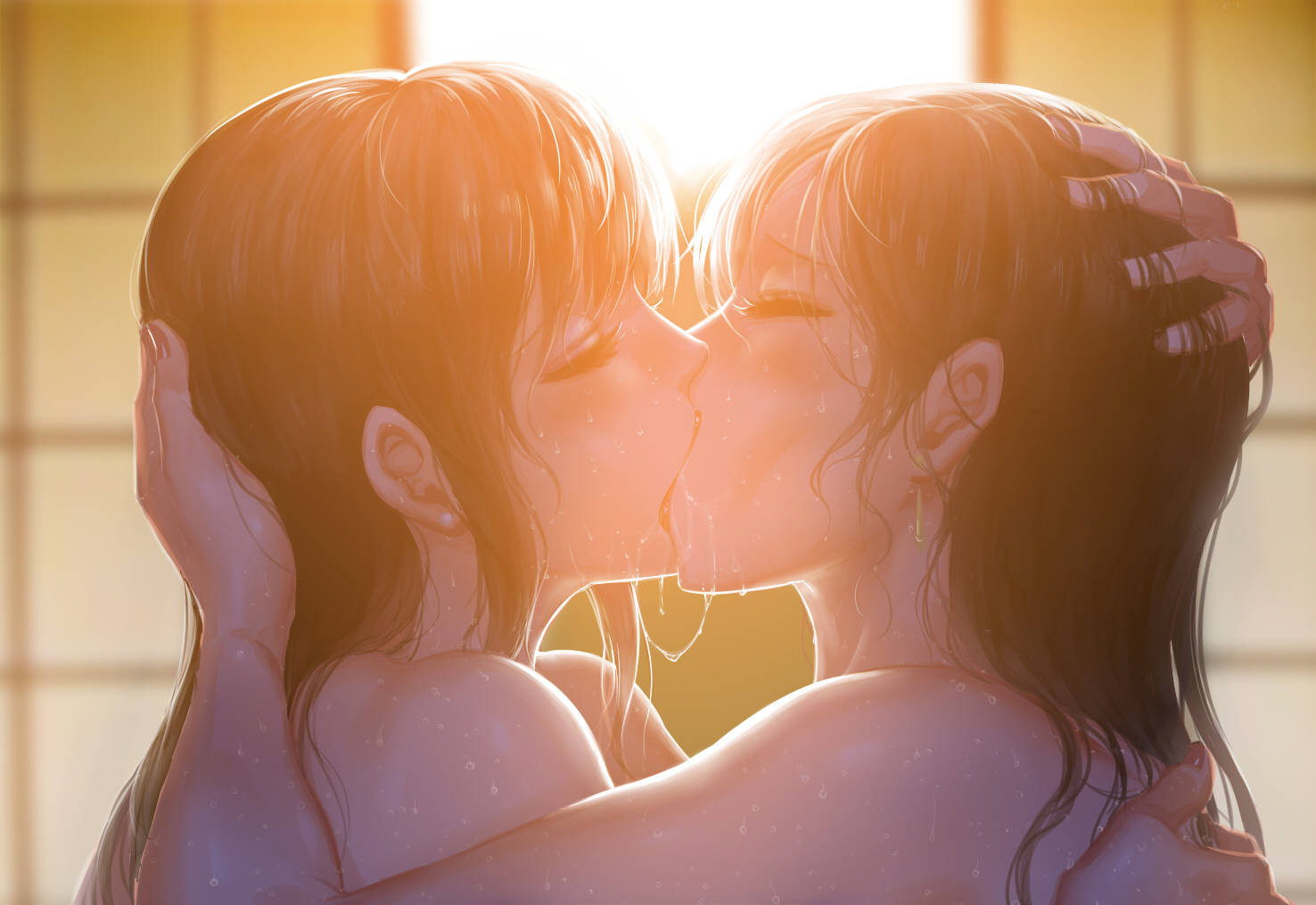 Passionate Anime Women Kissing Background