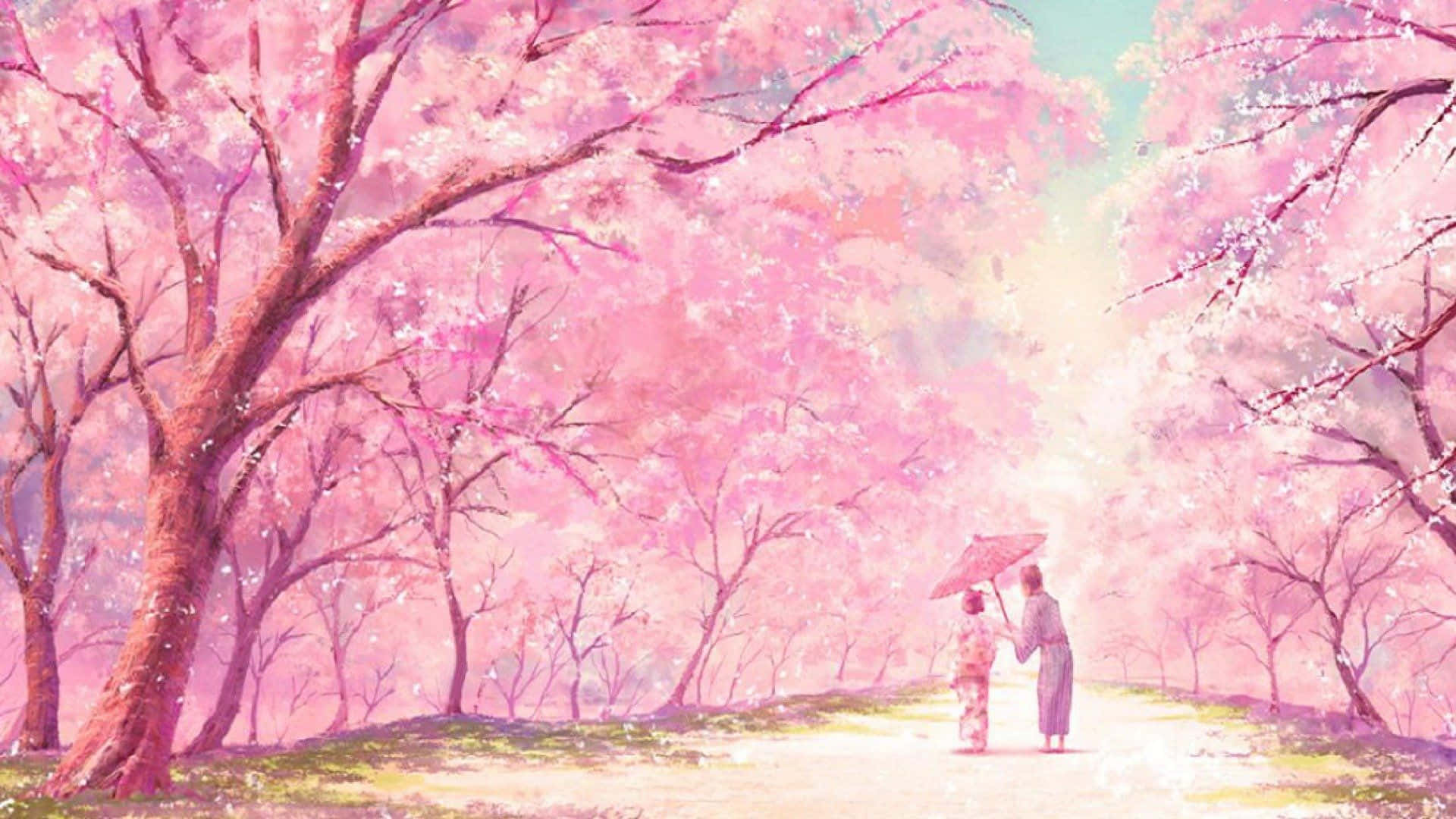 Pastel Aesthetic Anime Path With Cherry Blossom Trees Background