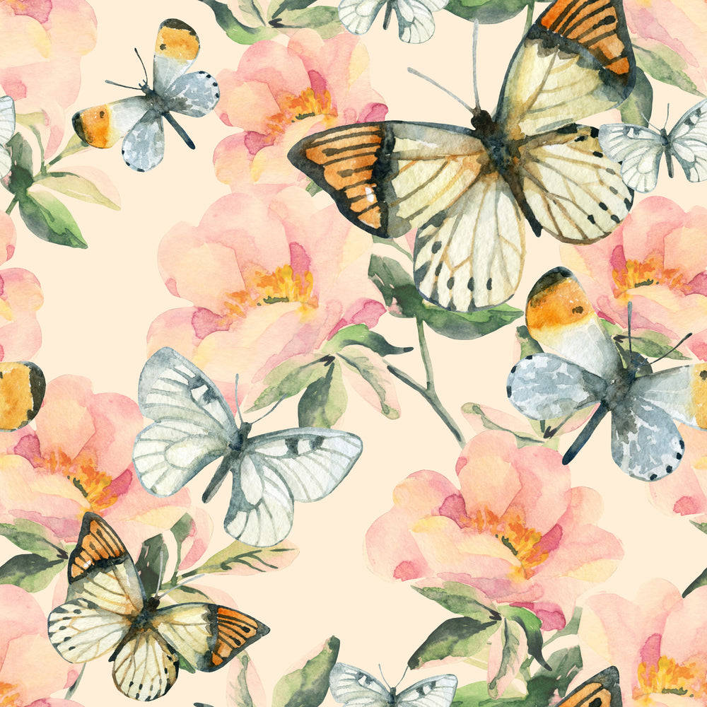 Pastel Butterfly Pattern And Pink Flowers Background