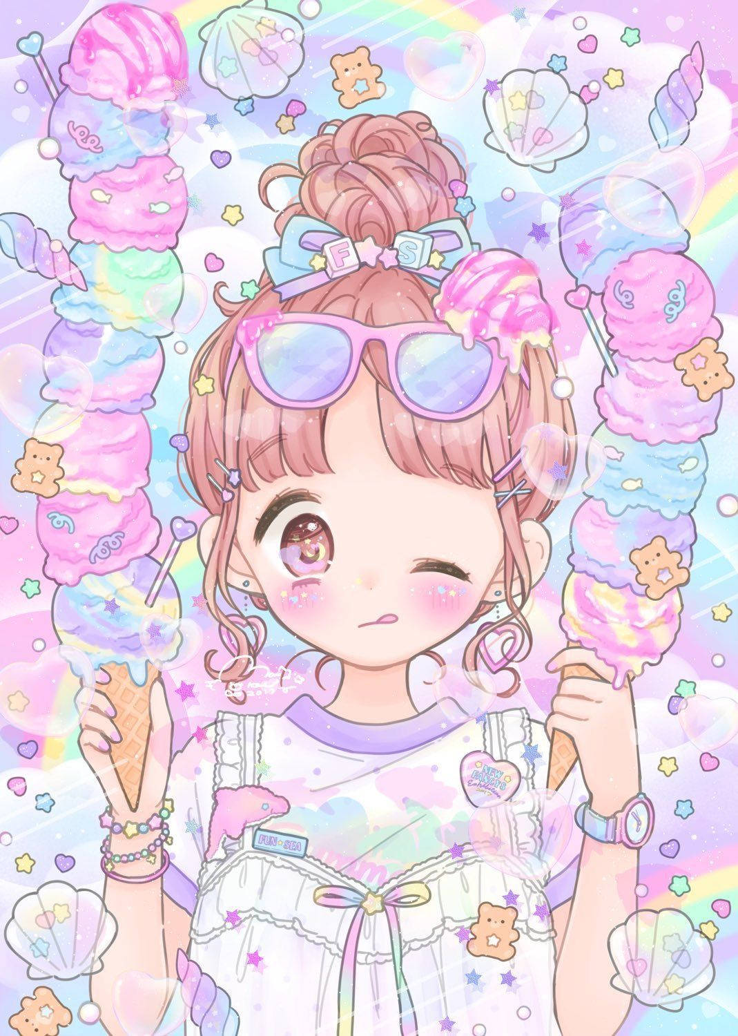Pastel Cute Girl Enjoying Ice Cream Background