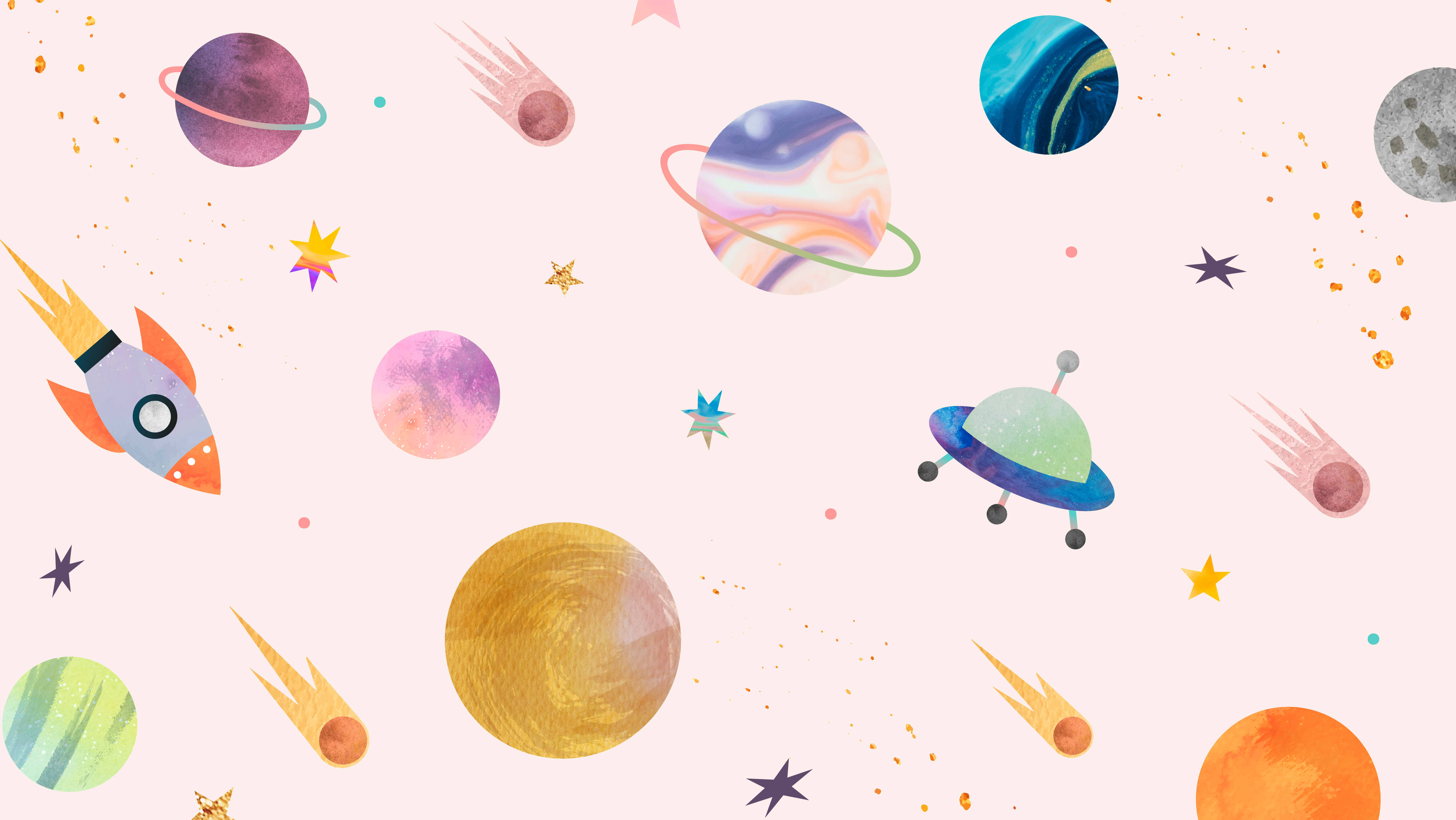 Pastel Galaxy Watercolor Planets Doodle Background