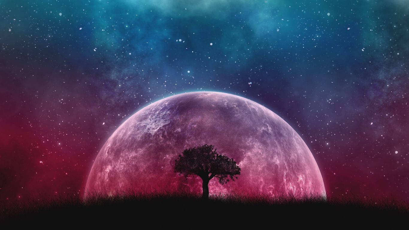 Pastel Galaxy With Moon And Tree Background