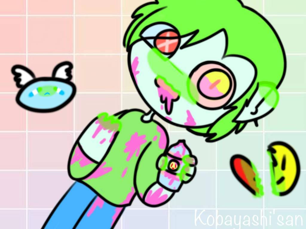 Pastel Gore Cartoon Character With Green Hair Background