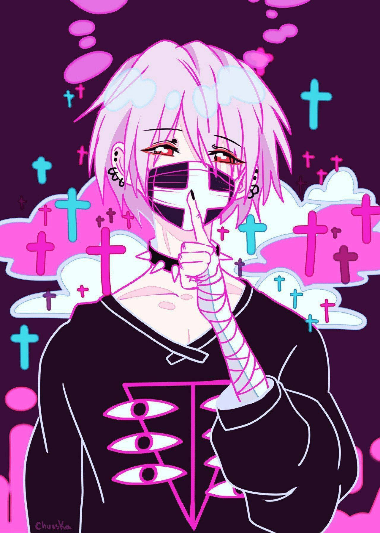 Pastel Goth Anime Boy With Mask Background
