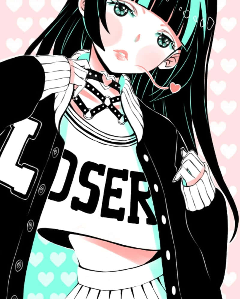 Pastel Goth Anime Girl Wearing Black Choker Harness Background