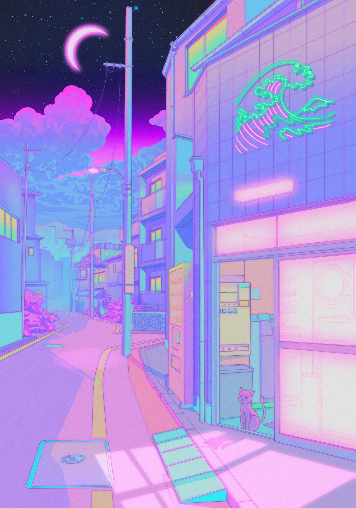 Pastel Japanese Aesthetic Empty Street At Night Background