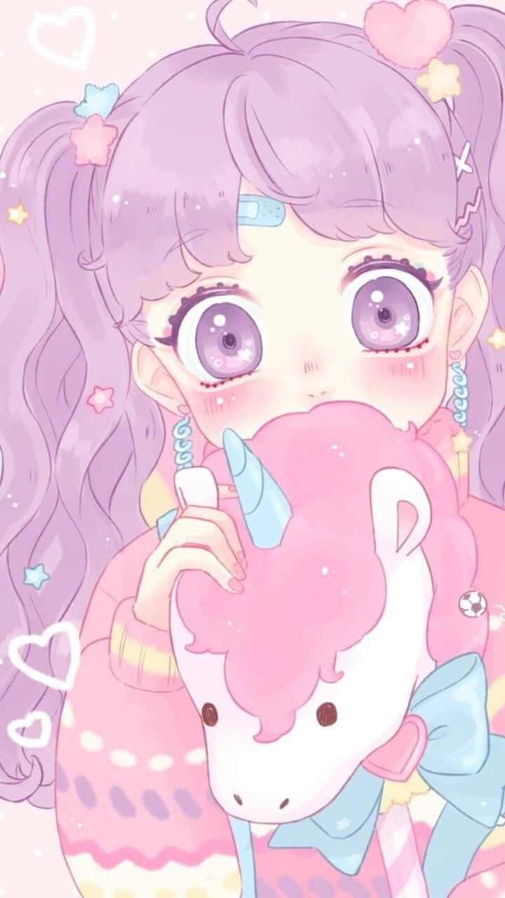 Pastel Pink Aesthetic Anime Holding Unicorn Background