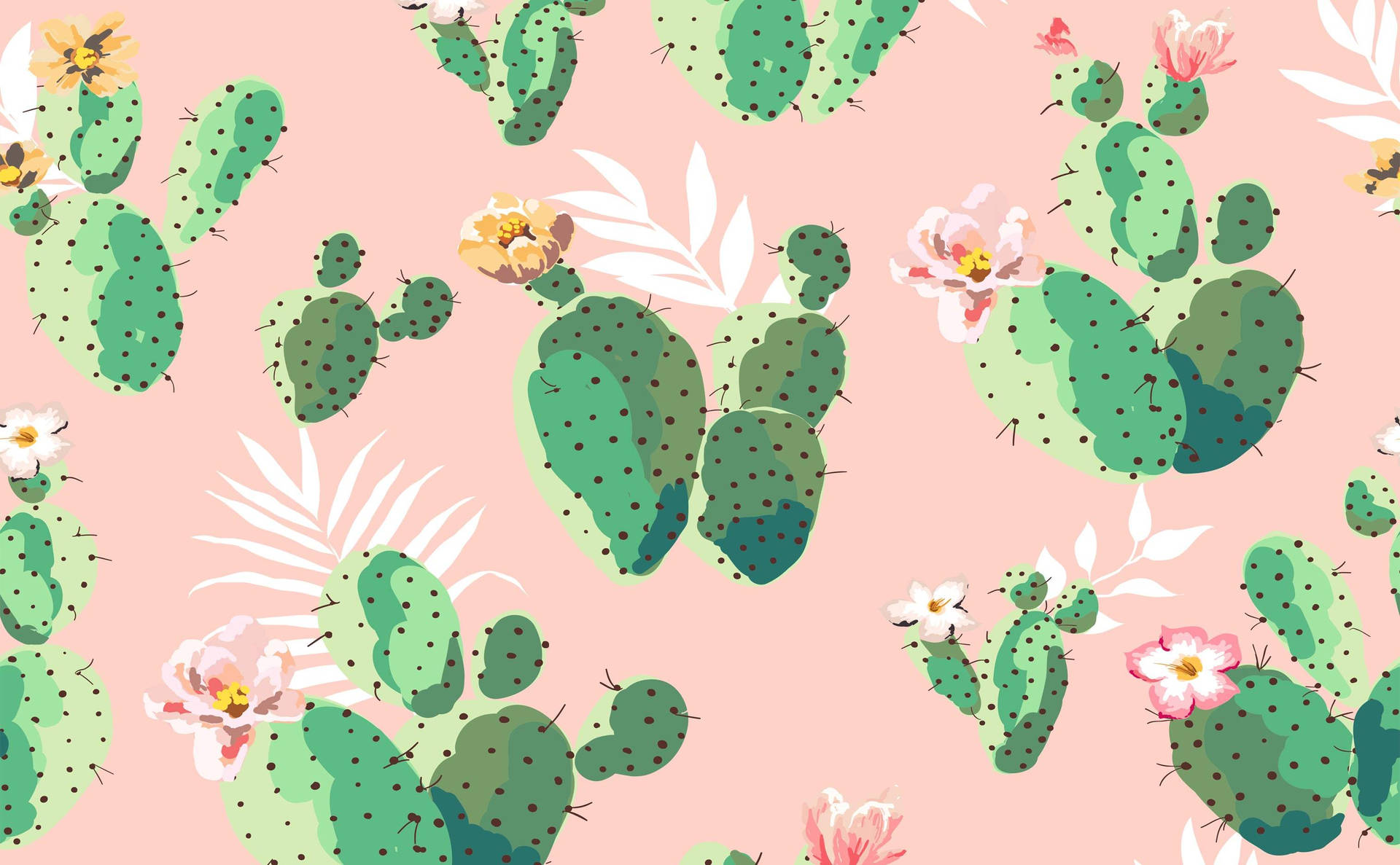 Pastel Pink Green Cactus Wall Art Desktop Background