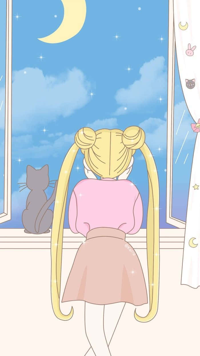 Pastel Sailor Moon Crescent Moon Night Gazing Background