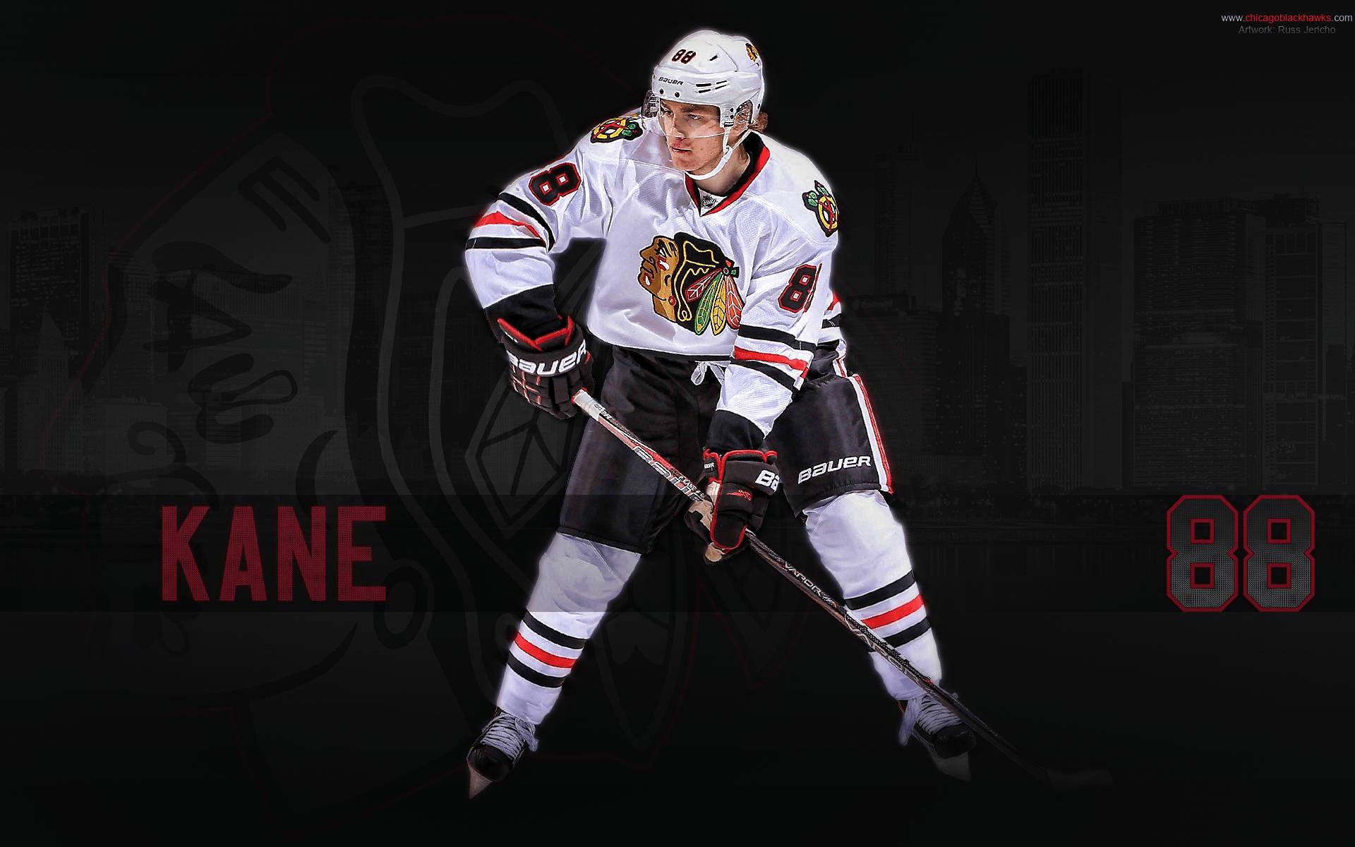 Patrick Kane White Uniform Black Background