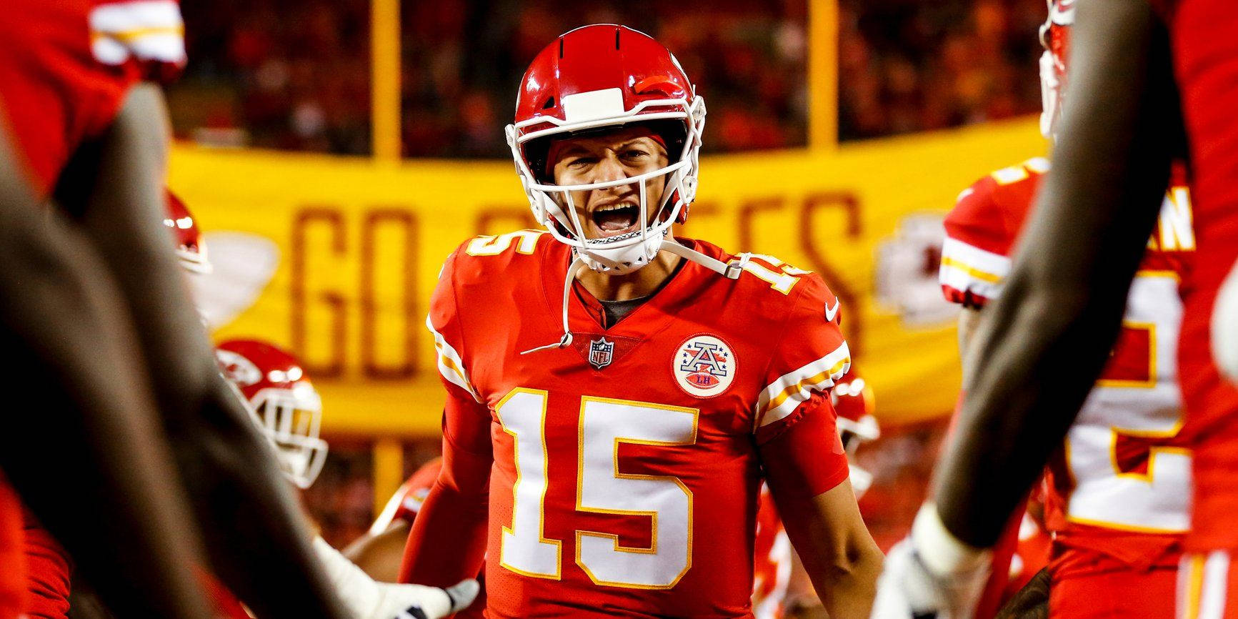 Patrick Mahomes Screaming After Hurling Game-winning Td Pass Background