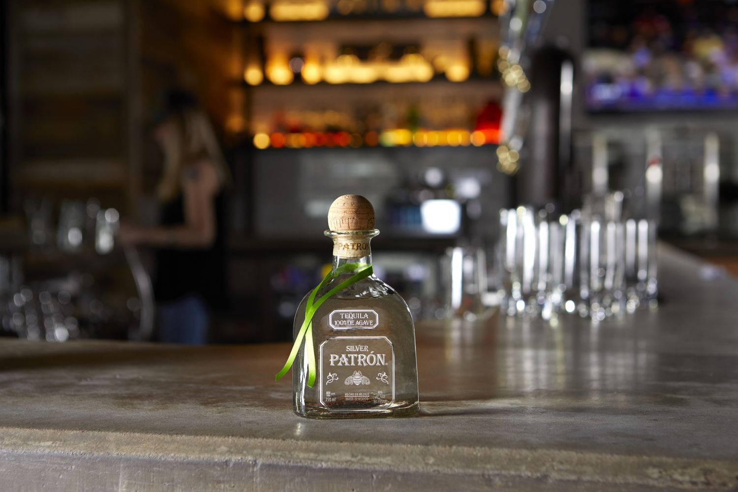 Patron Tequila Silver On Bar Counter Background