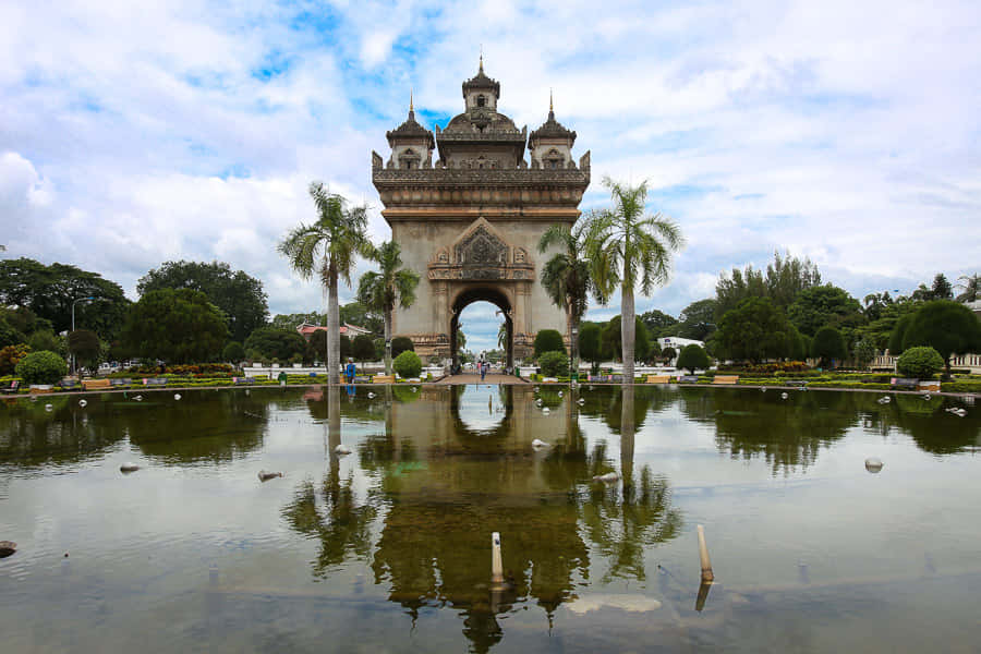 Patuxai Monument Dirty Water Fountain Background