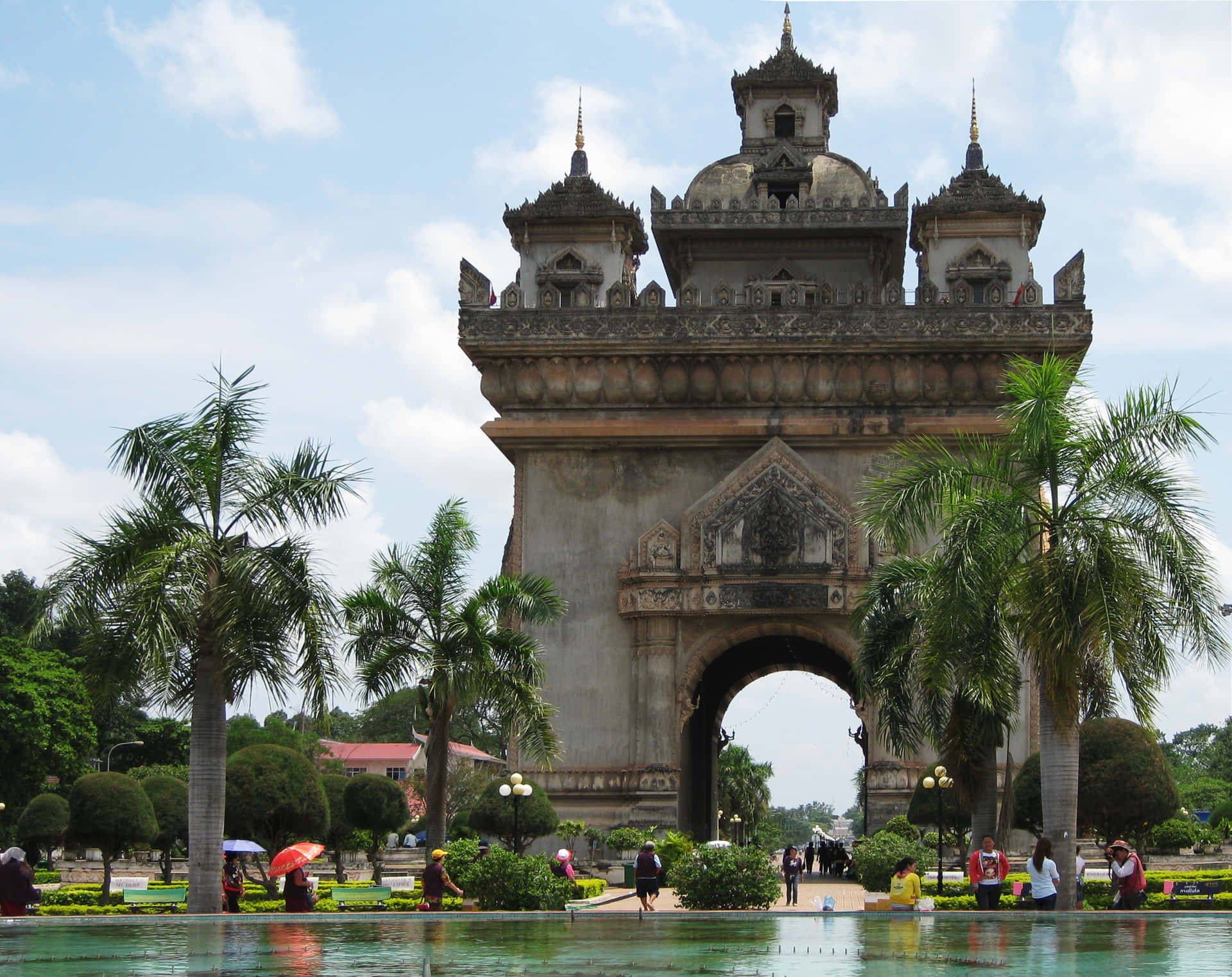 Patuxai Monument Still Water Foreground Background