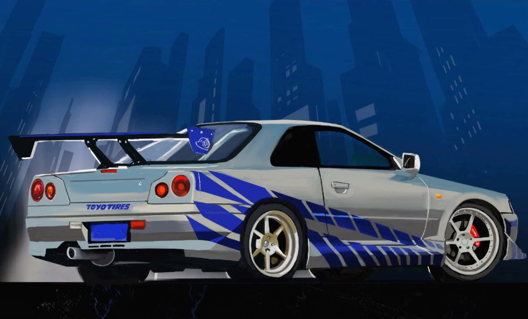 Paul Walker Making His Mark With The Iconic Nissan Skyline Background