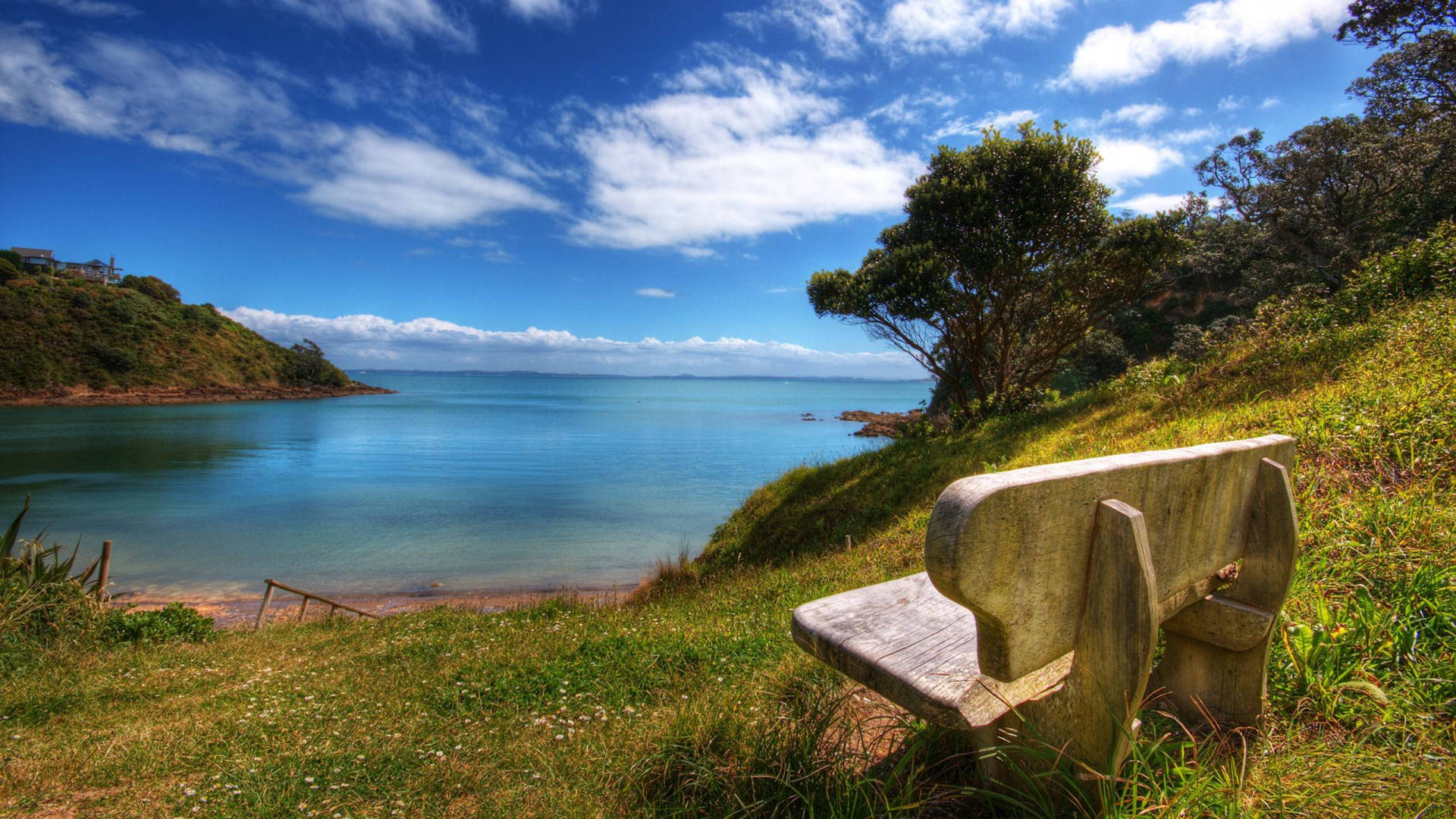 Peaceful Bench By The Ocean Background