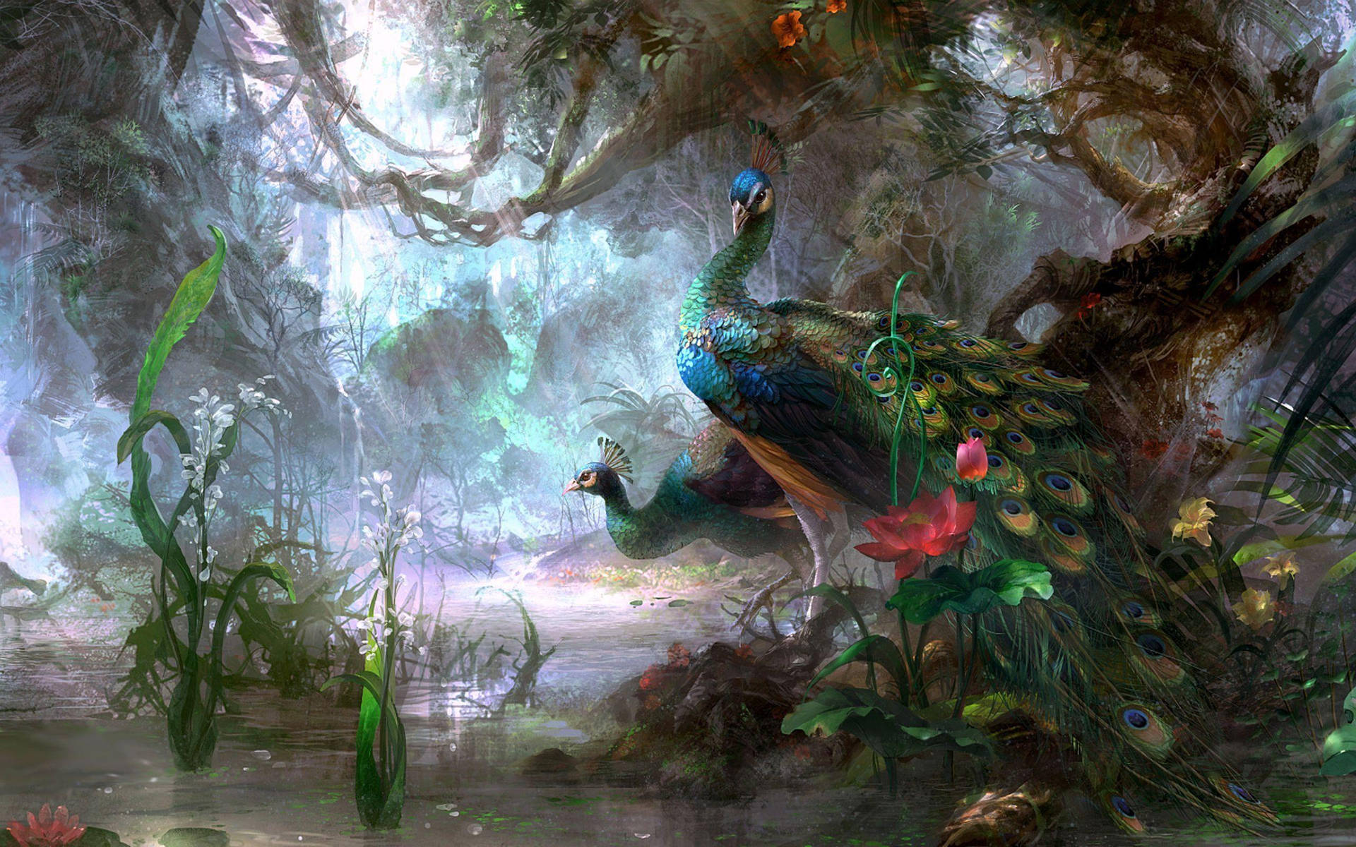 Peacock In Forest Paint Art Background