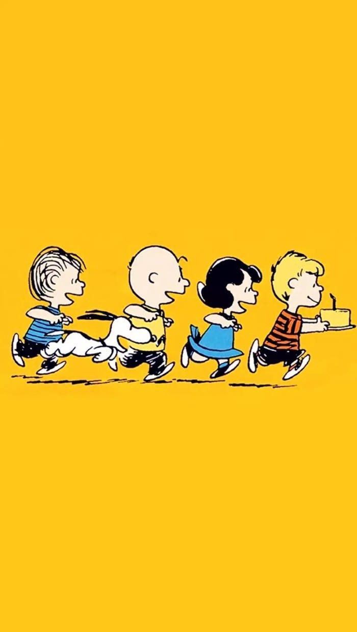 Peanuts Characters Running With Cake Background
